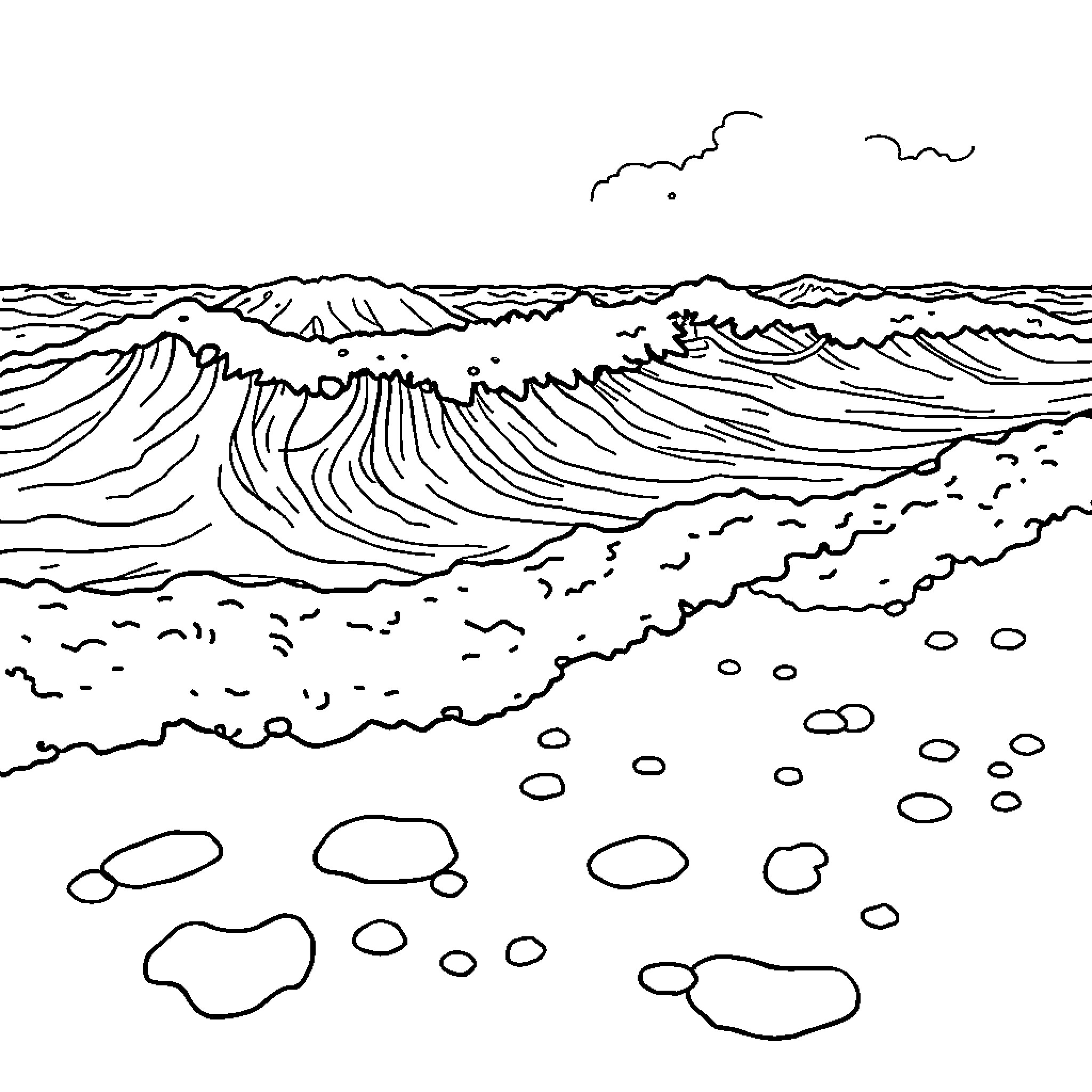 Ocean waves crashing on the shore Coloring Page (free black-and-white line drawing printable PDF for all, from beginners to advanced learners, including children, teens, adults, and seniors)