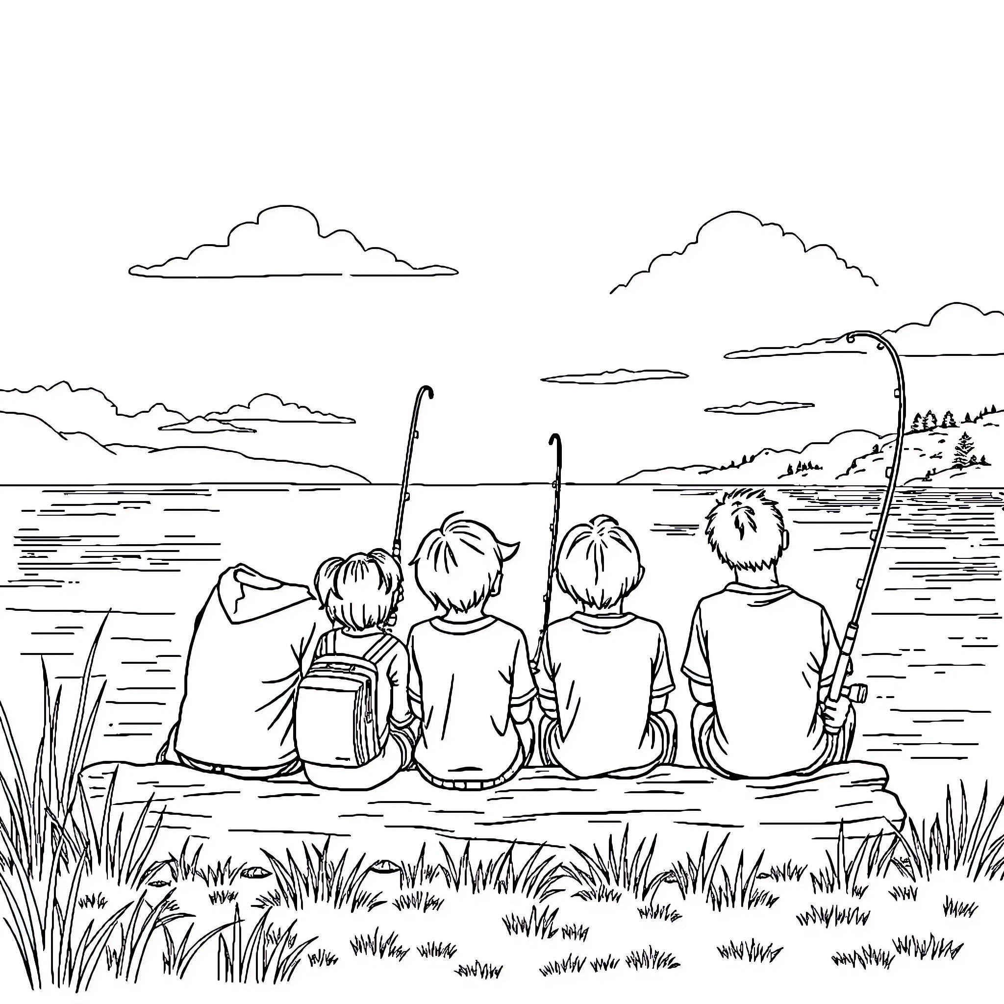 Teenagers enjoying a fishing trip by the lake Coloring Page (free black-and-white line drawing printable PDF for all, from beginners to advanced learners, including children, teens, adults, and seniors)
