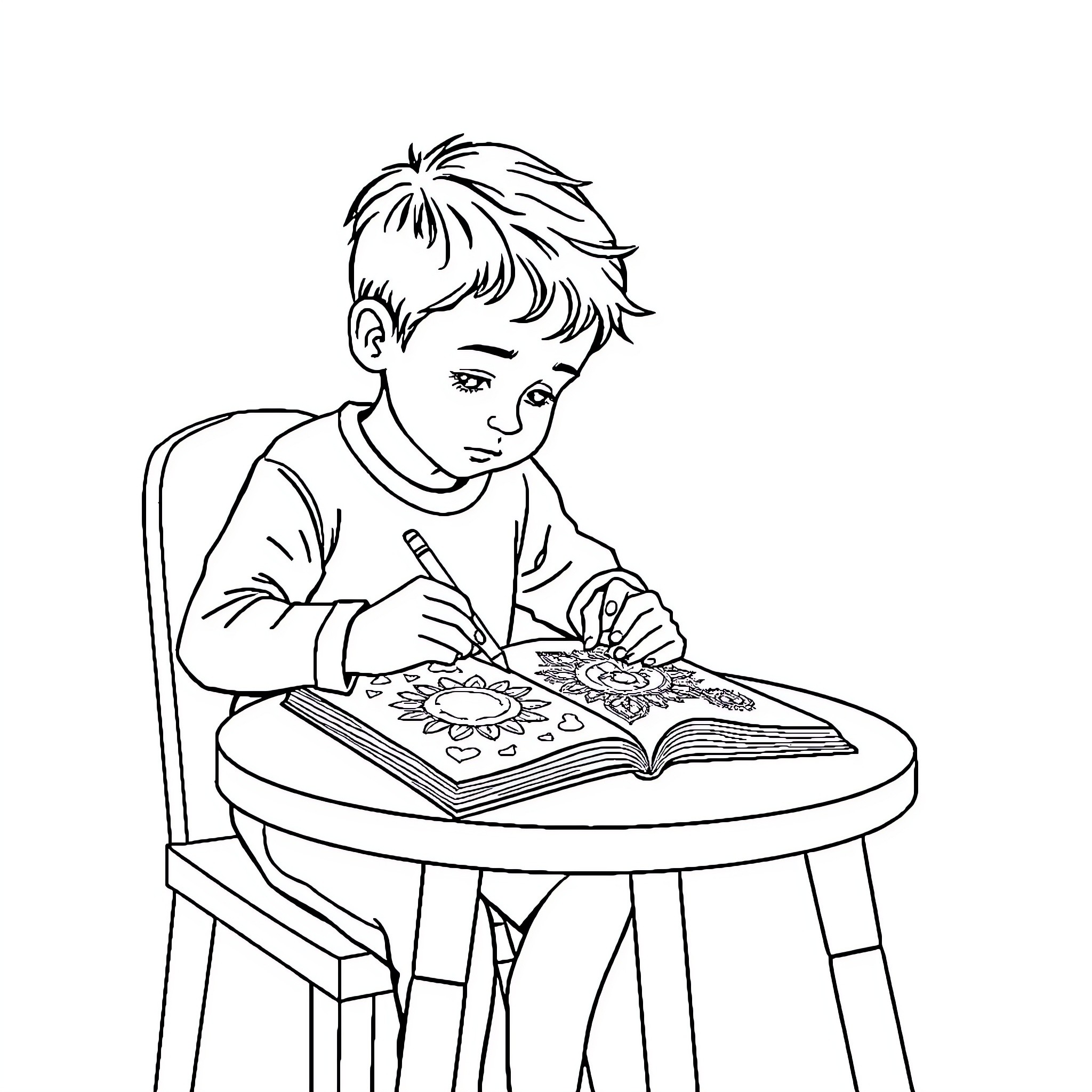 Boy intently working on coloring book at desk Coloring Page (free black-and-white line drawing printable PDF for all, from beginners to advanced learners, including children, teens, adults, and seniors)