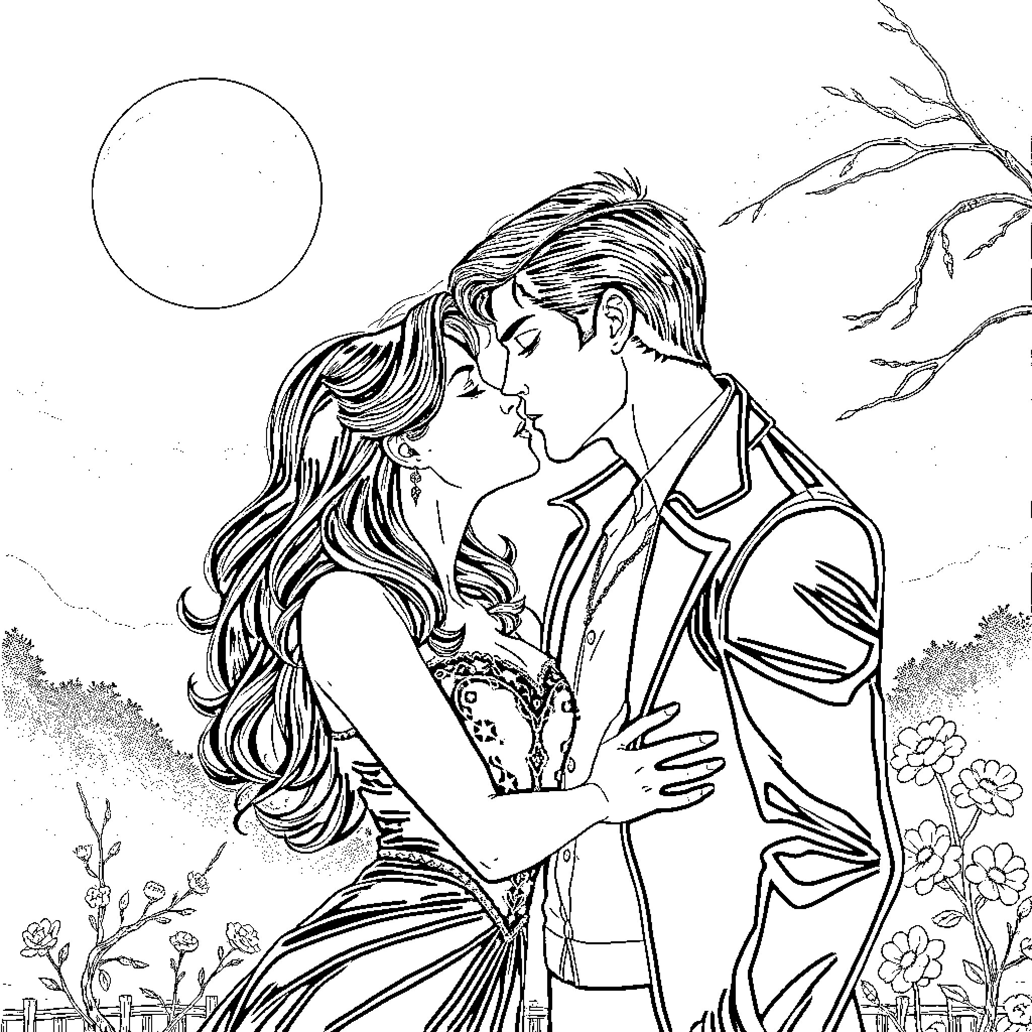 Selene's Enchanting Embrace: A Romantic Moonlit Scene Coloring Page (free black-and-white line drawing printable PDF for all, from beginners to advanced learners, including children, teens, adults, and seniors)