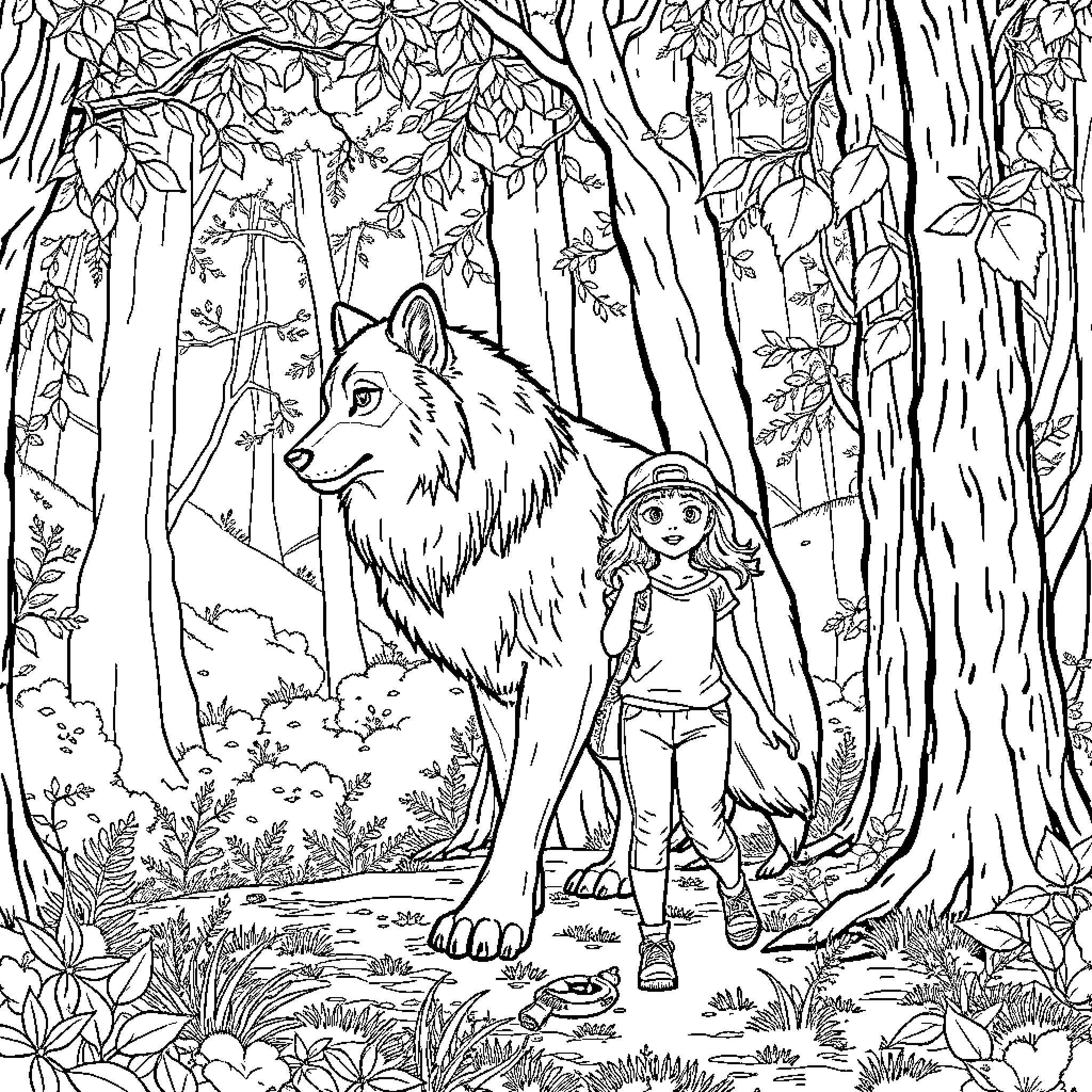 Wolf and Girl Exploring the Forest Coloring Page (free black-and-white line drawing printable PDF for all, from beginners to advanced learners, including children, teens, adults, and seniors)
