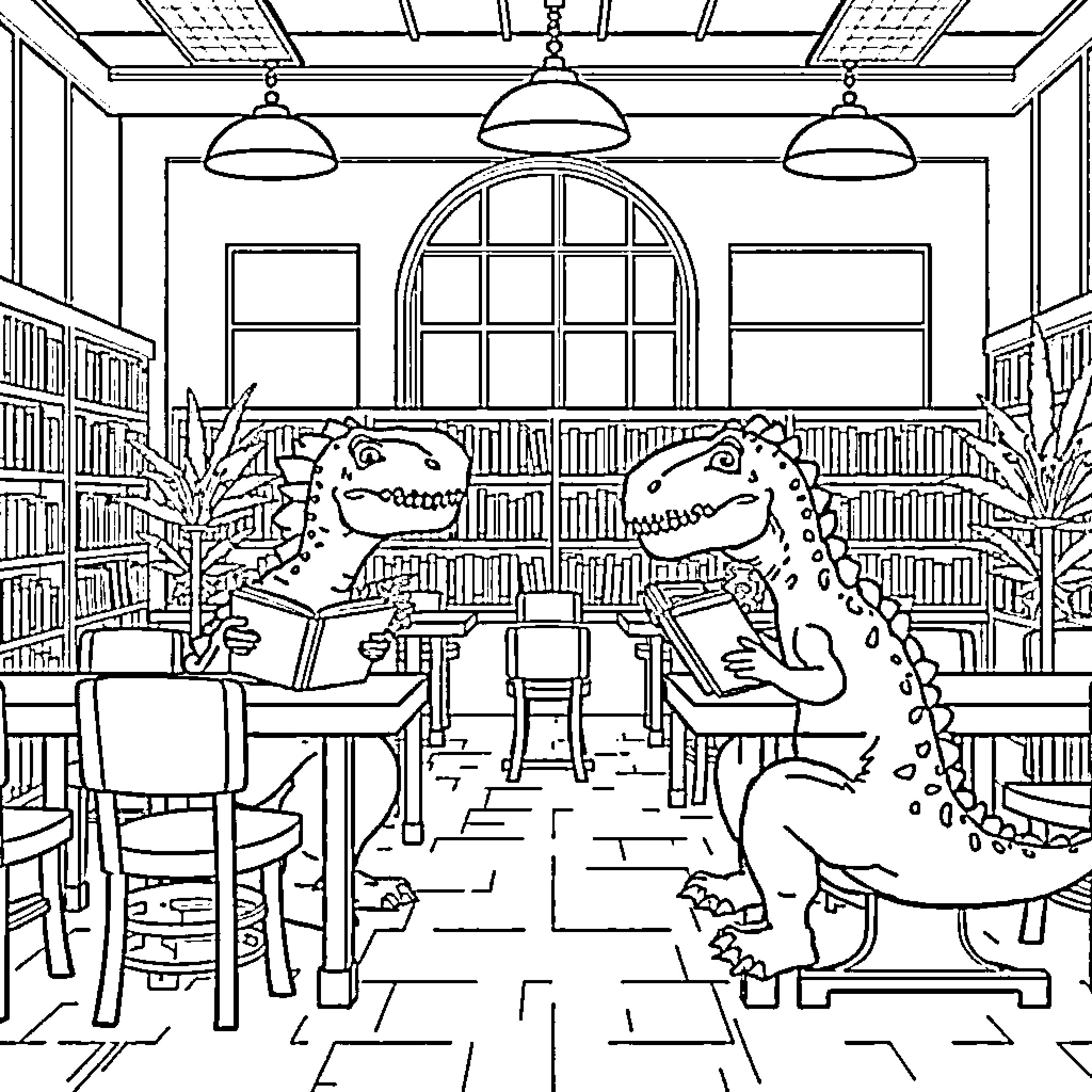 Dinosaurs exploring a cozy library Coloring Page (free black-and-white line drawing printable PDF for all, from beginners to advanced learners, including children, teens, adults, and seniors)