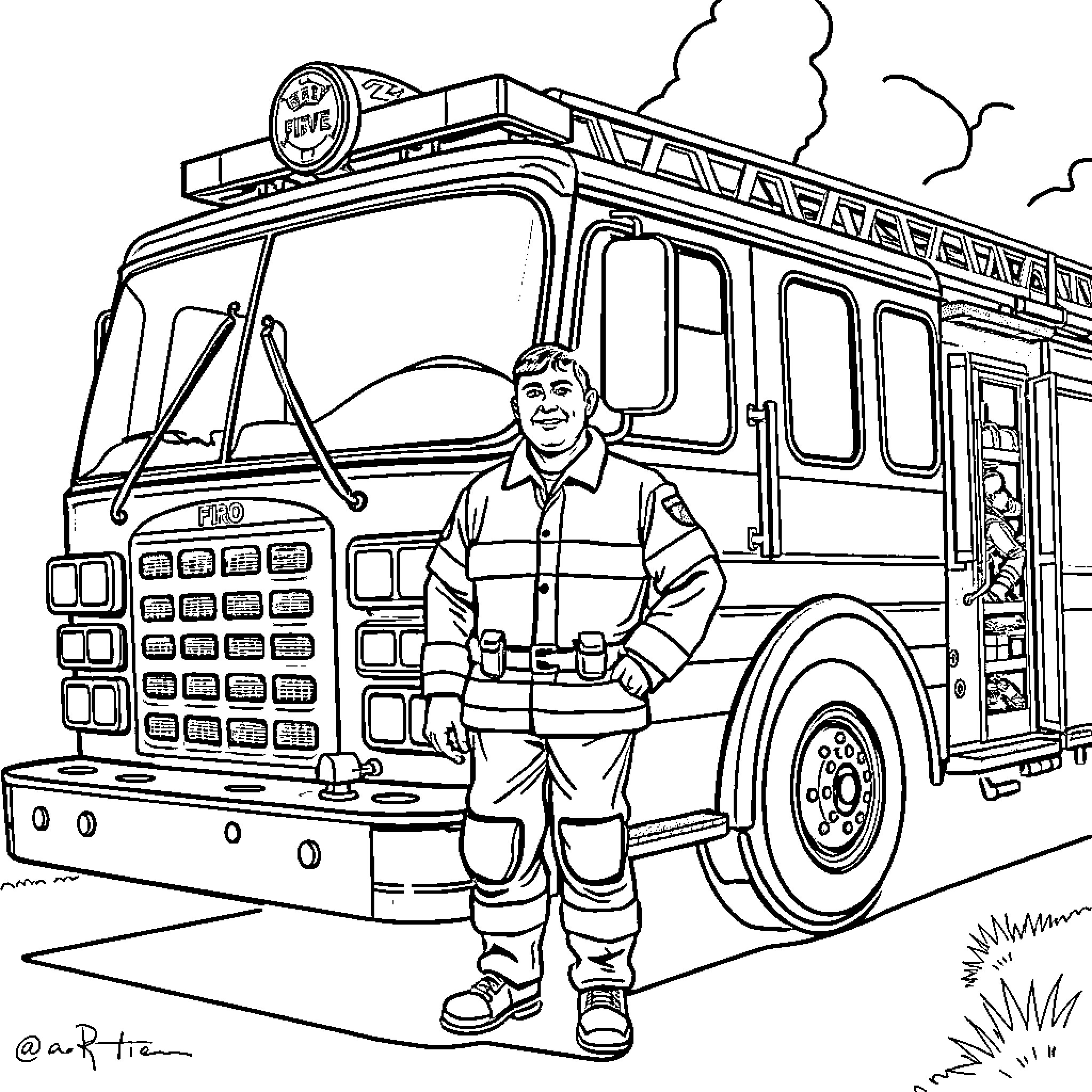 Fire Truck with Firefighter Posing in Front Coloring Page (free black-and-white line drawing printable PDF for all, from beginners to advanced learners, including children, teens, adults, and seniors)