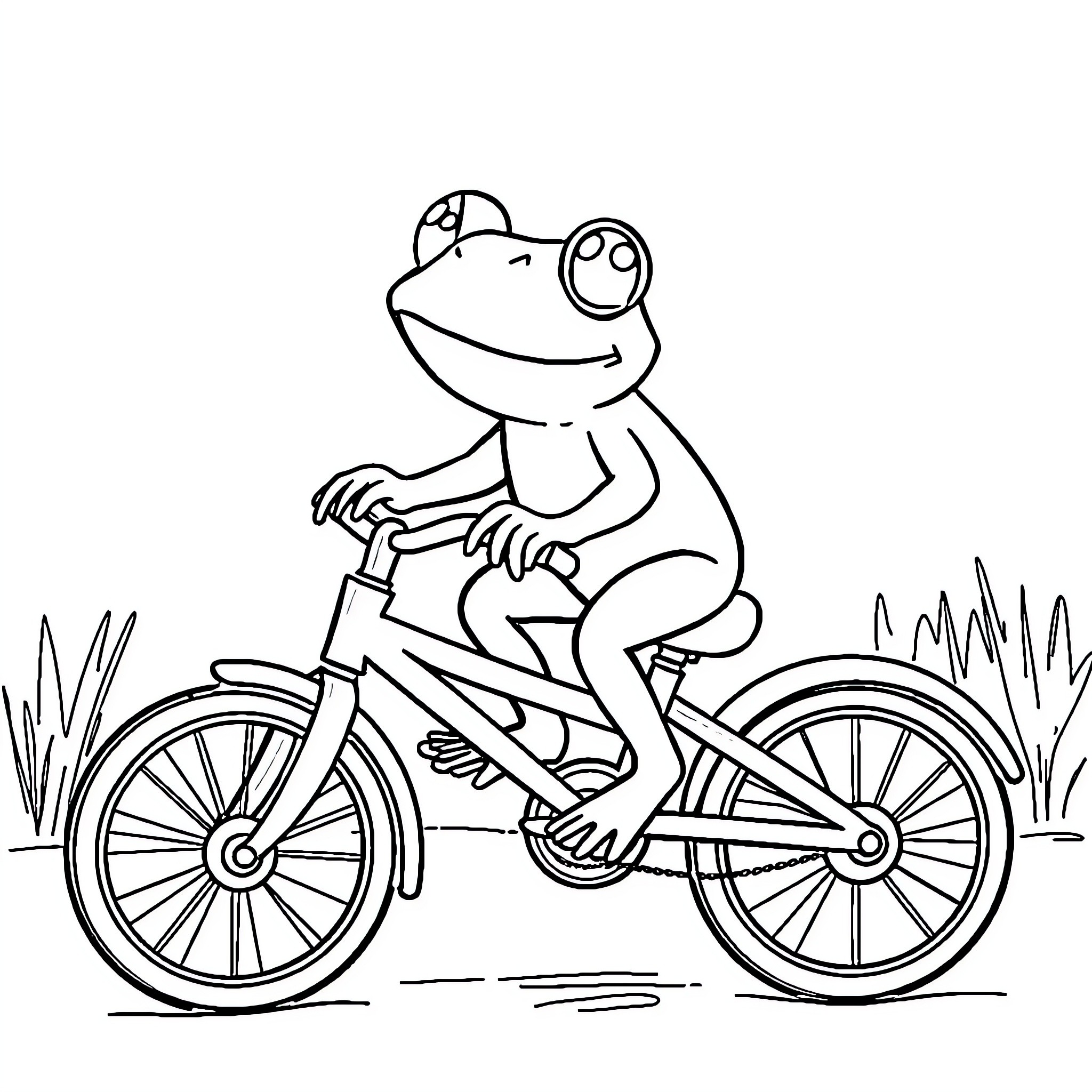 Frog riding a bicycle happily Coloring Page (free black-and-white line drawing printable PDF for all, from beginners to advanced learners, including children, teens, adults, and seniors)