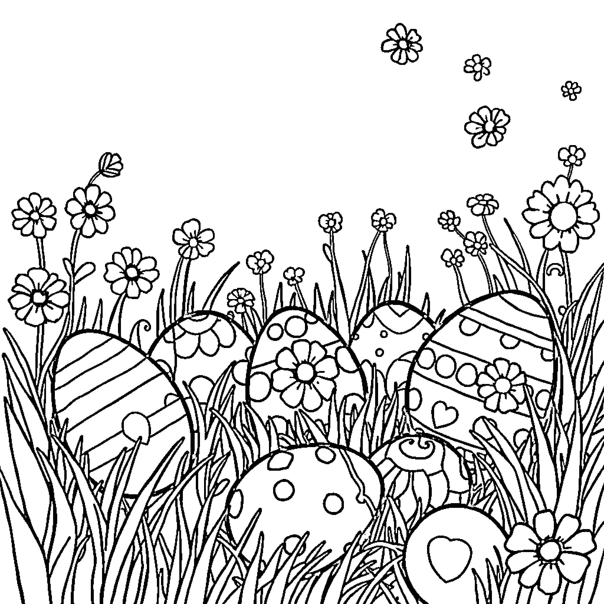Easter Meadow with Colorful Eggs and Flowers Coloring Page (free black-and-white line drawing printable PDF for all, from beginners to advanced learners, including children, teens, adults, and seniors)