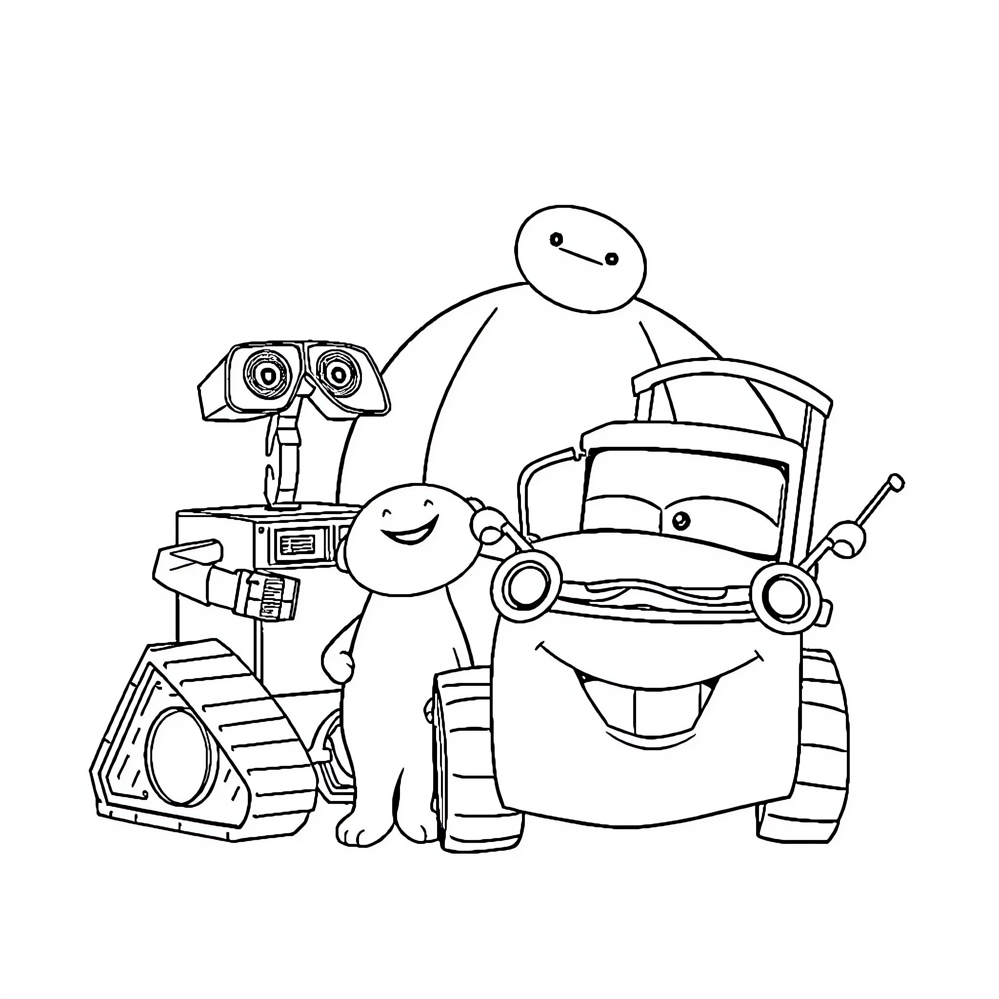 Disney Characters in Whimsical Cartoon Adventure Coloring Page (free black-and-white line drawing printable PDF for all, from beginners to advanced learners, including children, teens, adults, and seniors)