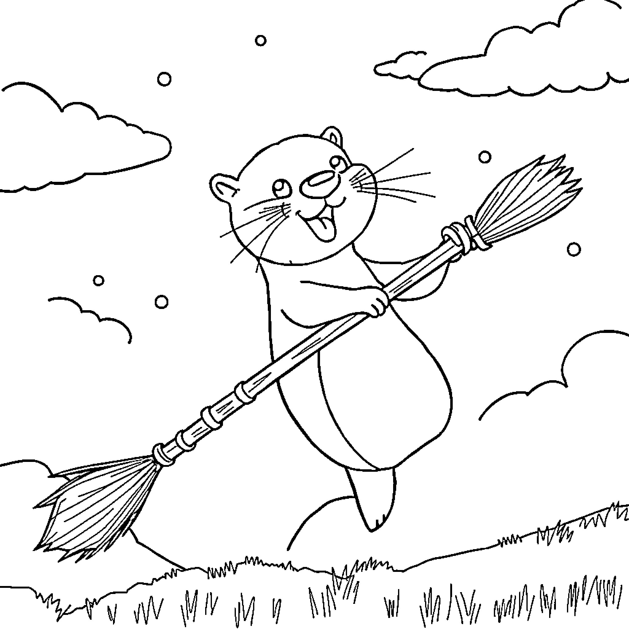 Otter Sweeping the Snow with a Broom Coloring Page (free black-and-white line drawing printable PDF for all, from beginners to advanced learners, including children, teens, adults, and seniors)