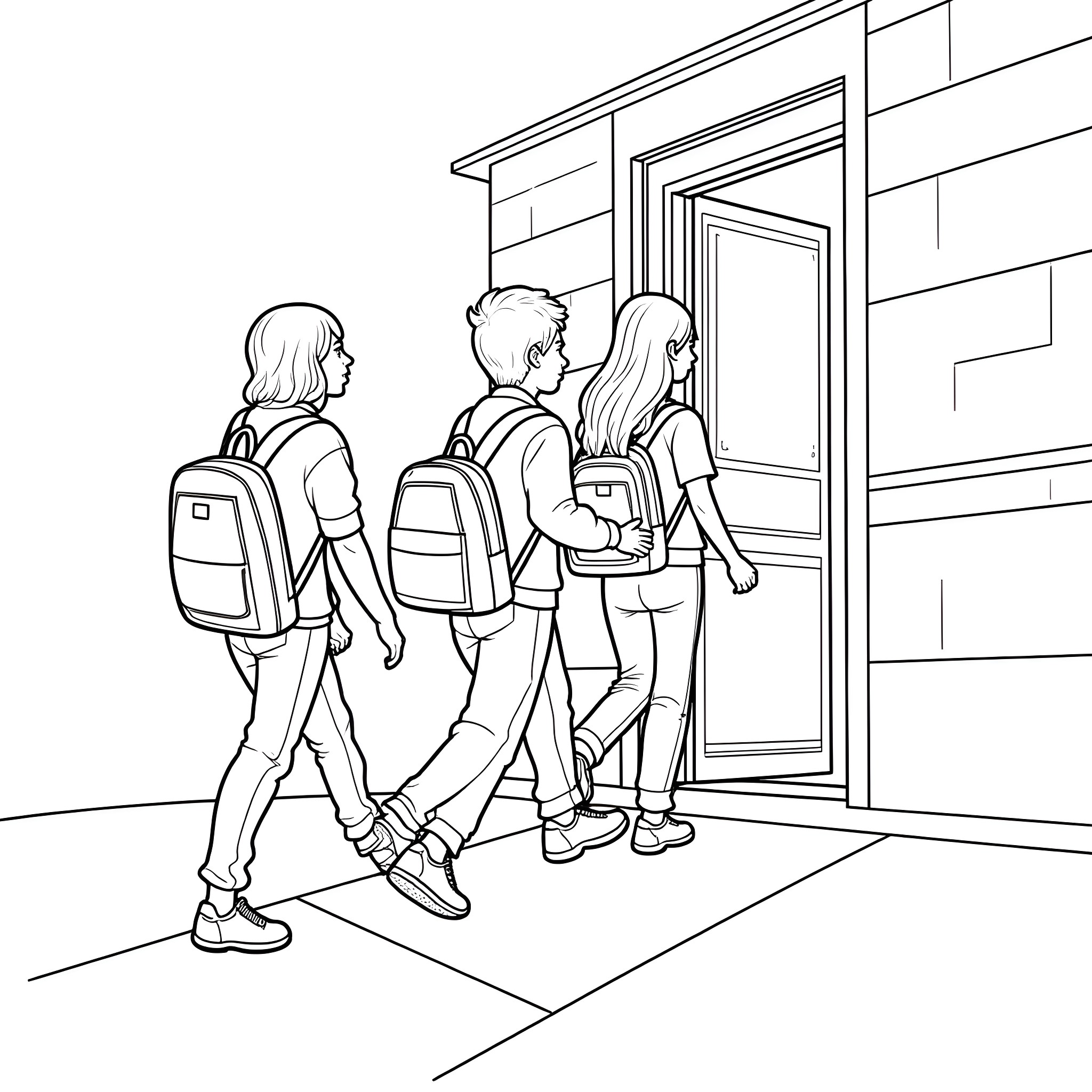 Teenagers heading to school Coloring Page (free black-and-white line drawing printable PDF for all, from beginners to advanced learners, including children, teens, adults, and seniors)
