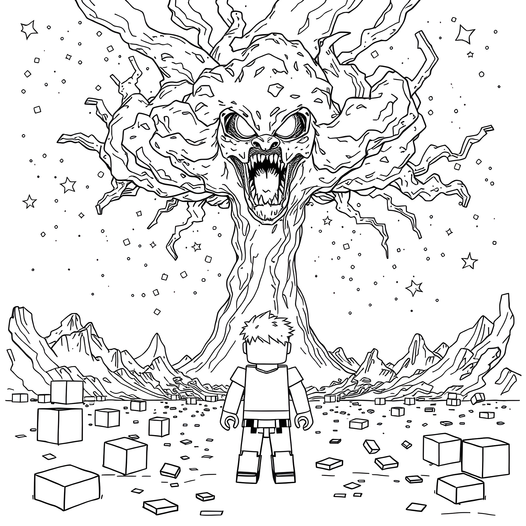 Steve's Cosmic Adventure with Mysterious Tree Creature Coloring Page (free black-and-white line drawing printable PDF for all, from beginners to advanced learners, including children, teens, adults, and seniors)