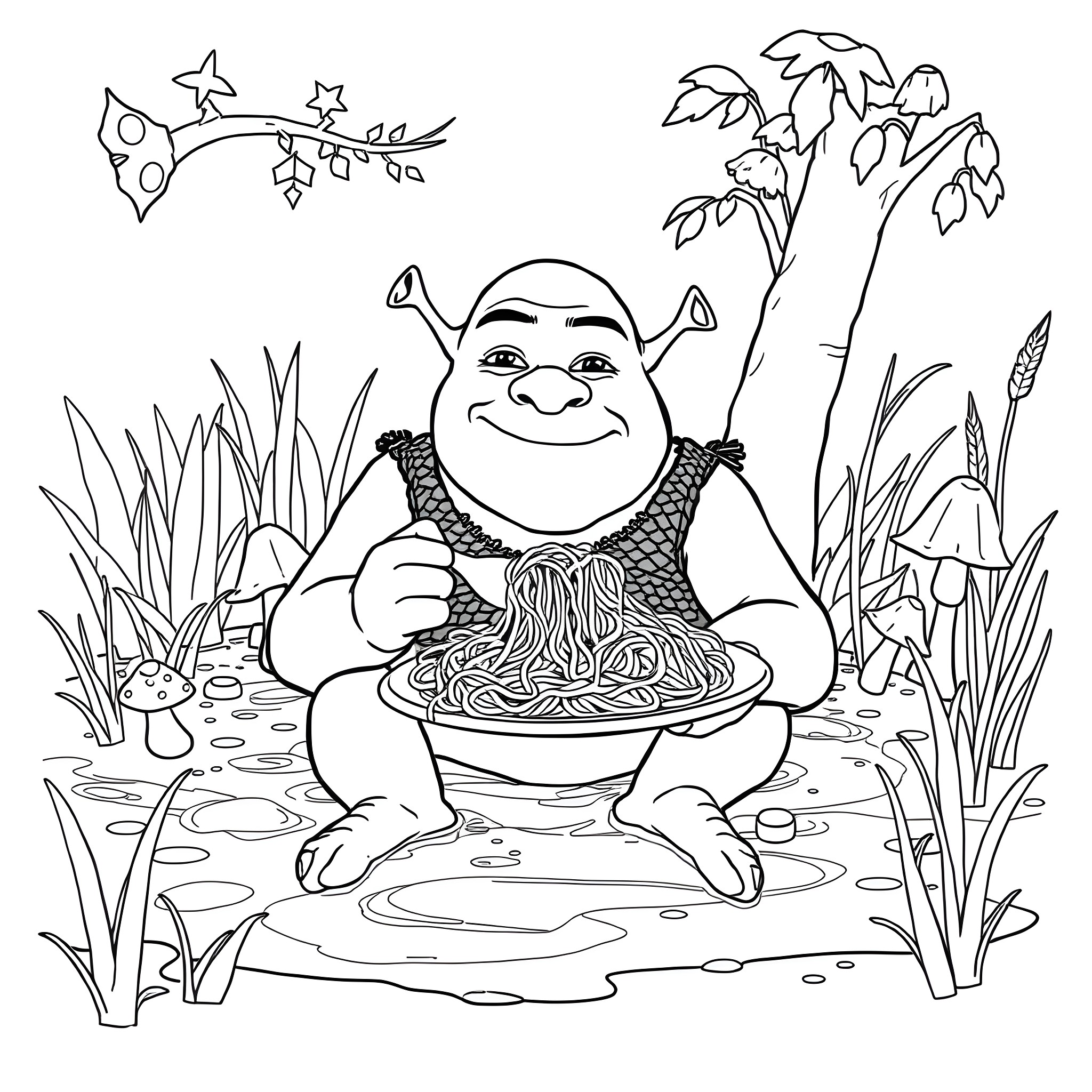 Shrek enjoying a hearty meal in the forest Coloring Page (free black-and-white line drawing printable PDF for all, from beginners to advanced learners, including children, teens, adults, and seniors)