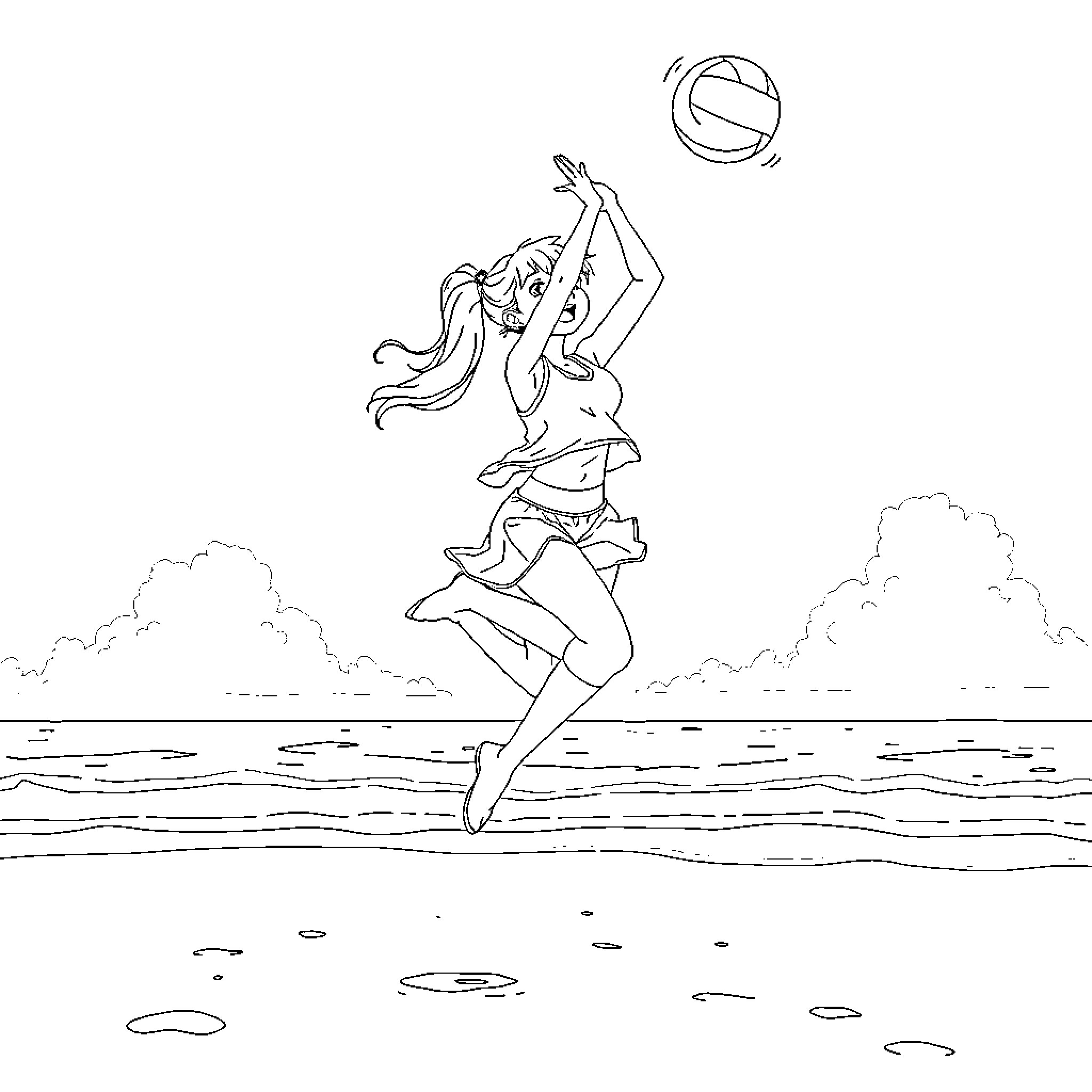 Monika playing volleyball on the beach Coloring Page (free black-and-white line drawing printable PDF for all, from beginners to advanced learners, including children, teens, adults, and seniors)