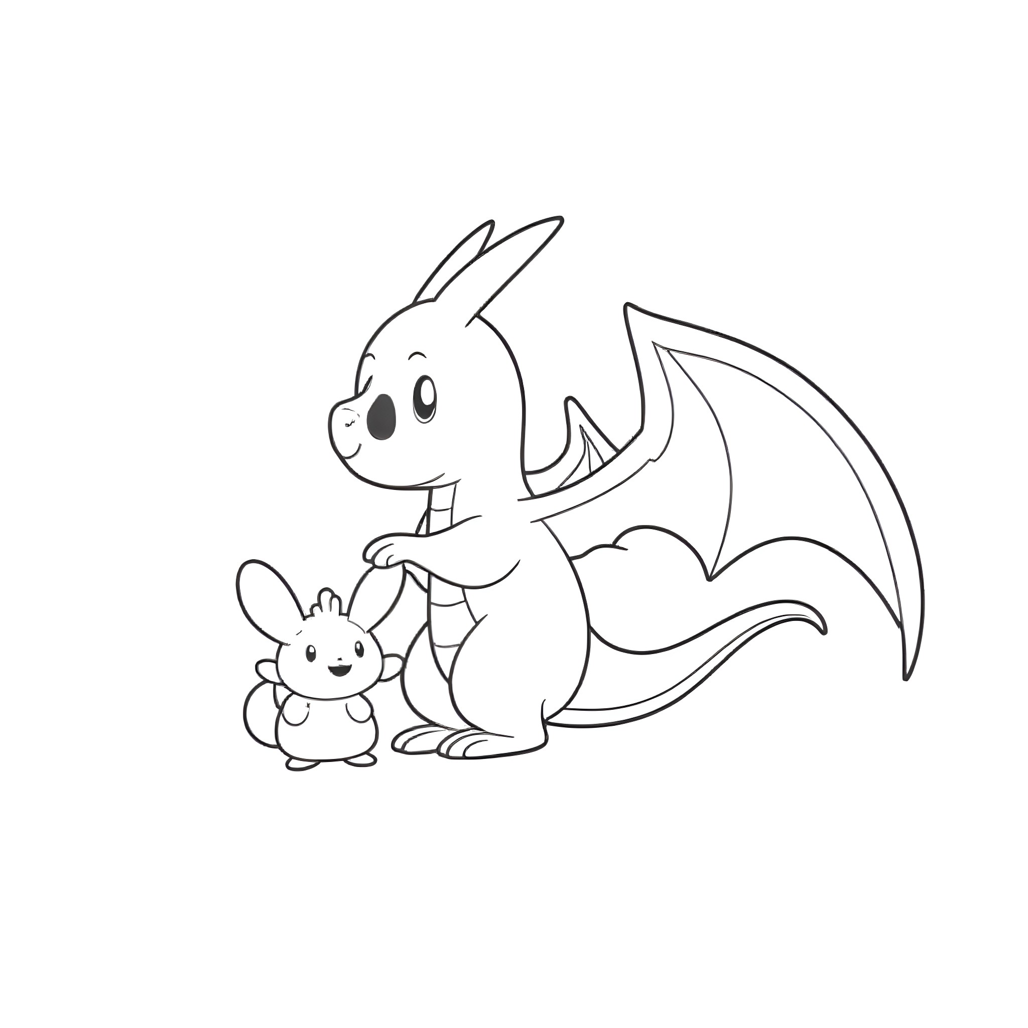 Charizard and its Cute Companion Coloring Page (free black-and-white line drawing printable PDF for all, from beginners to advanced learners, including children, teens, adults, and seniors)