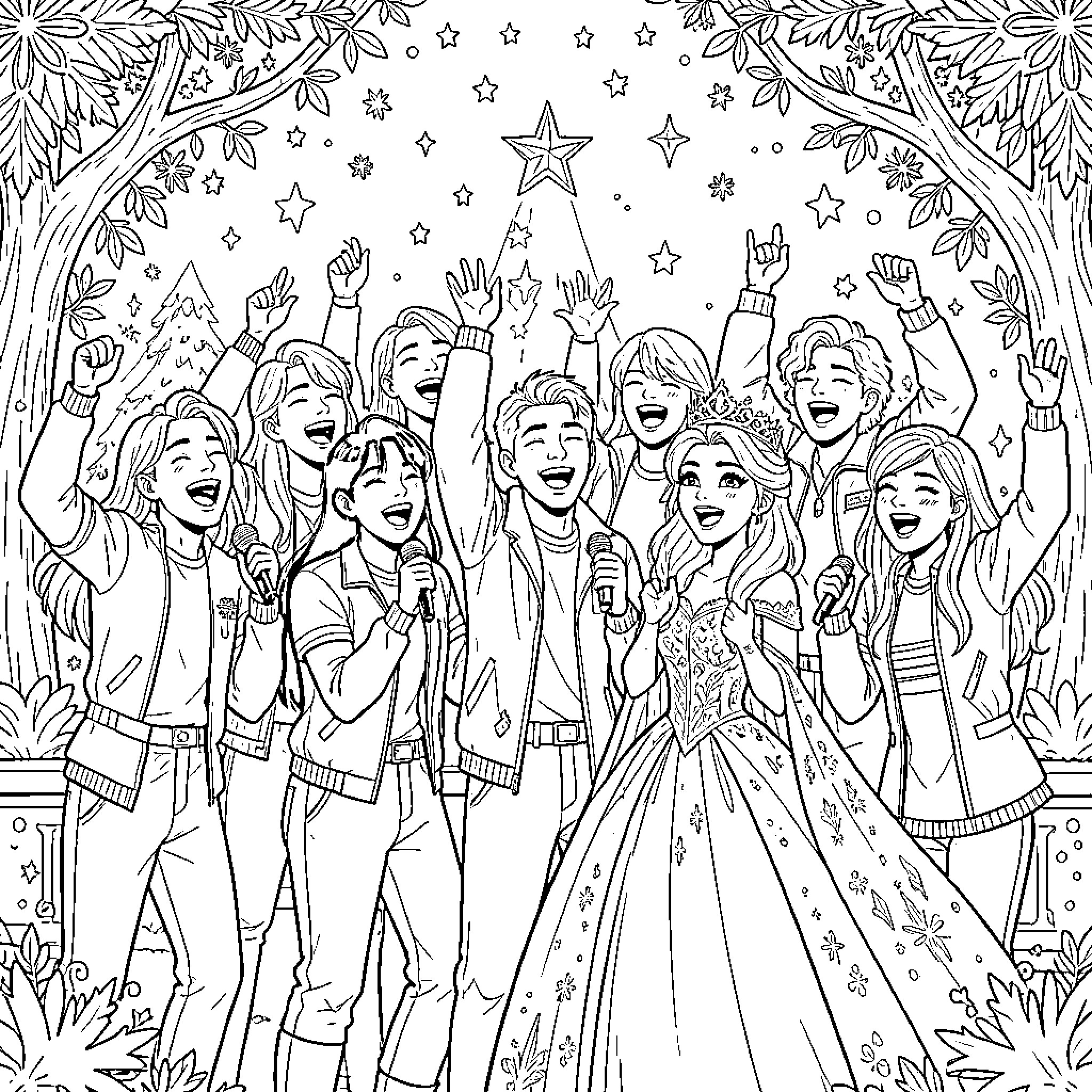 Elsa and her friends singing happily under a starry sky Coloring Page (free black-and-white line drawing printable PDF for all, from beginners to advanced learners, including children, teens, adults, and seniors)
