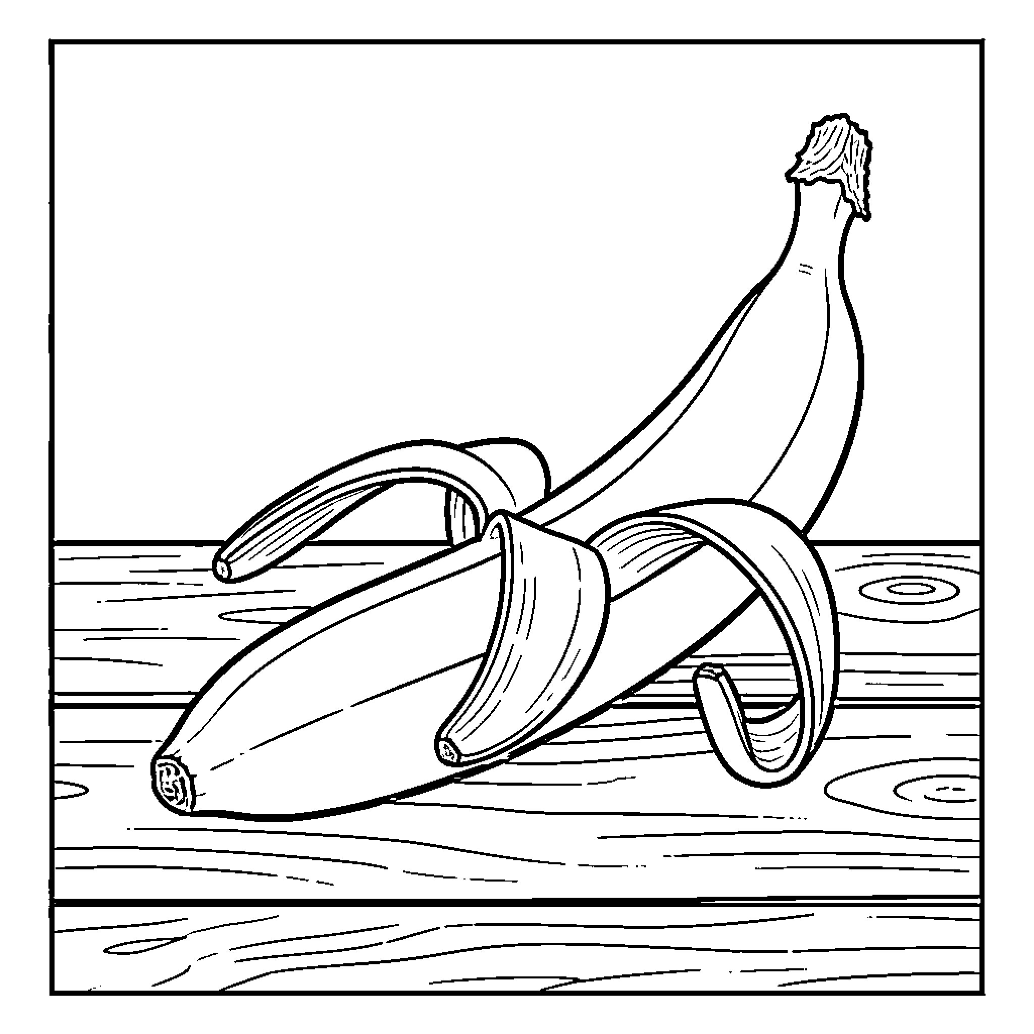 Banana in Unusual Position on Wooden Surface Coloring Page (free black-and-white line drawing printable PDF for all, from beginners to advanced learners, including children, teens, adults, and seniors)