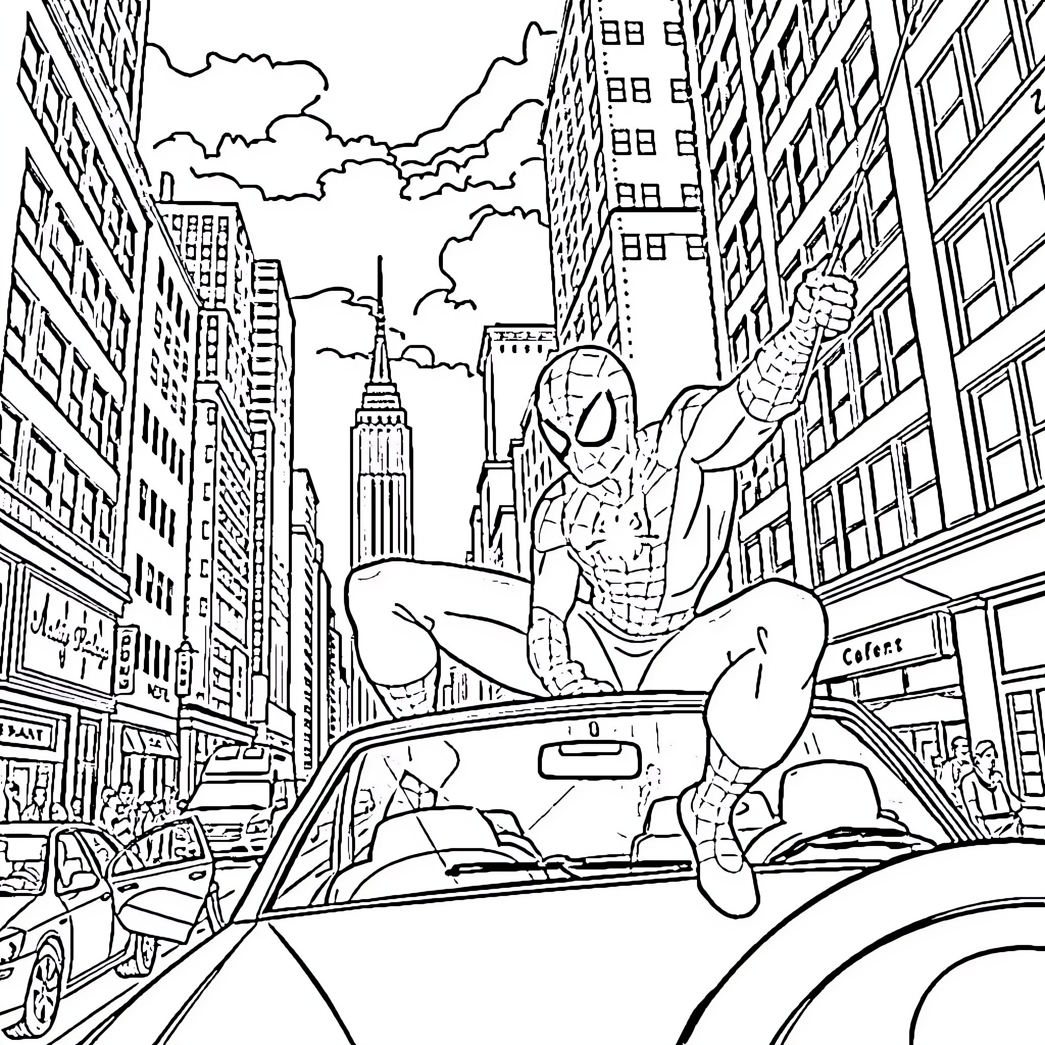 Spiderman swinging through the city streets Coloring Page (free black-and-white line drawing printable PDF for all, from beginners to advanced learners, including children, teens, adults, and seniors)