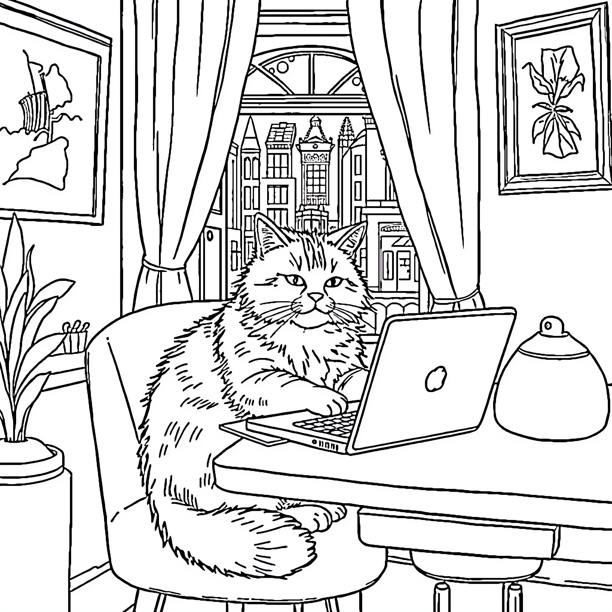 Cat working diligently on laptop at home Coloring Page (free black-and-white line drawing printable PDF for all, from beginners to advanced learners, including children, teens, adults, and seniors)