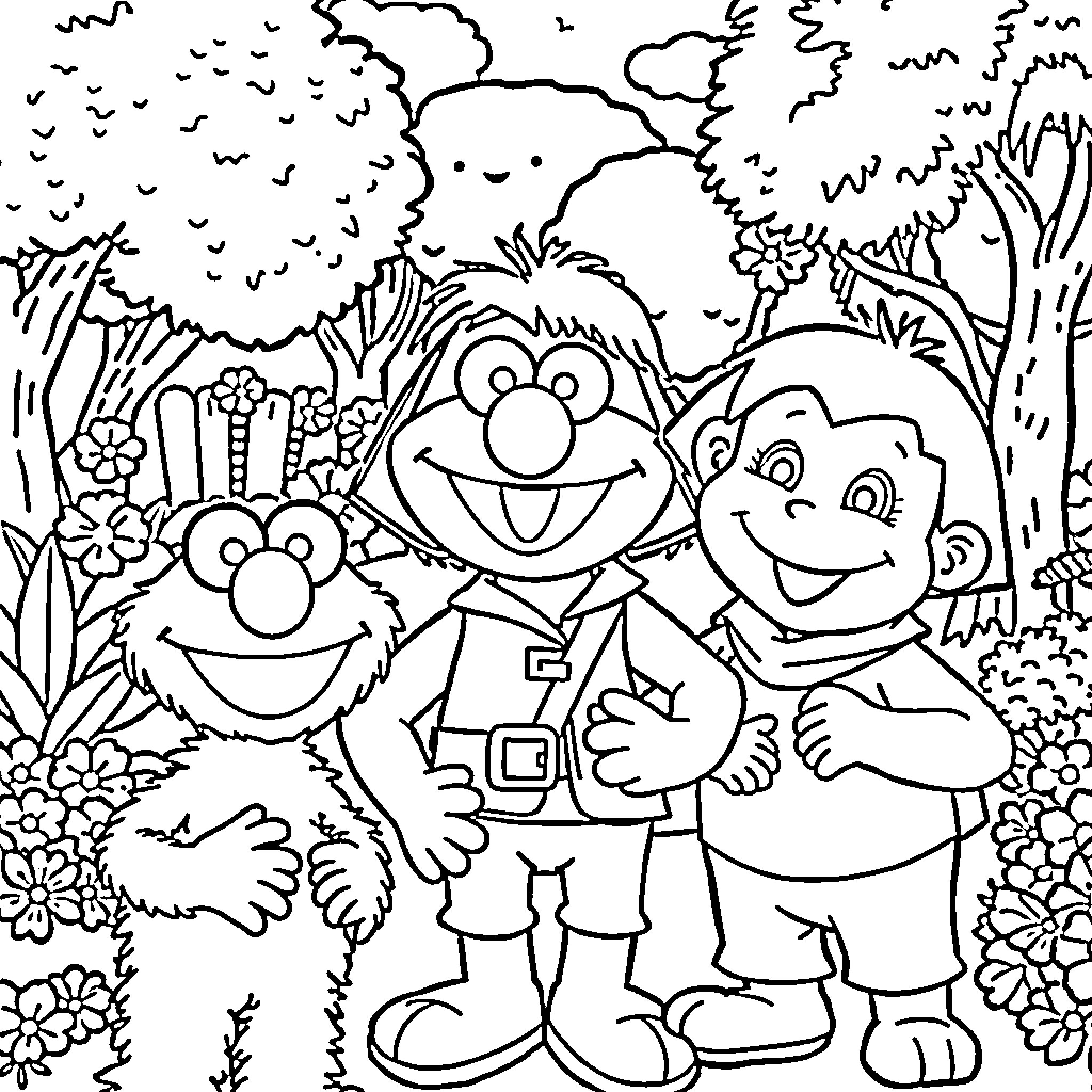 Elmo and friends explore the enchanted forest Coloring Page (free black-and-white line drawing printable PDF for all, from beginners to advanced learners, including children, teens, adults, and seniors)