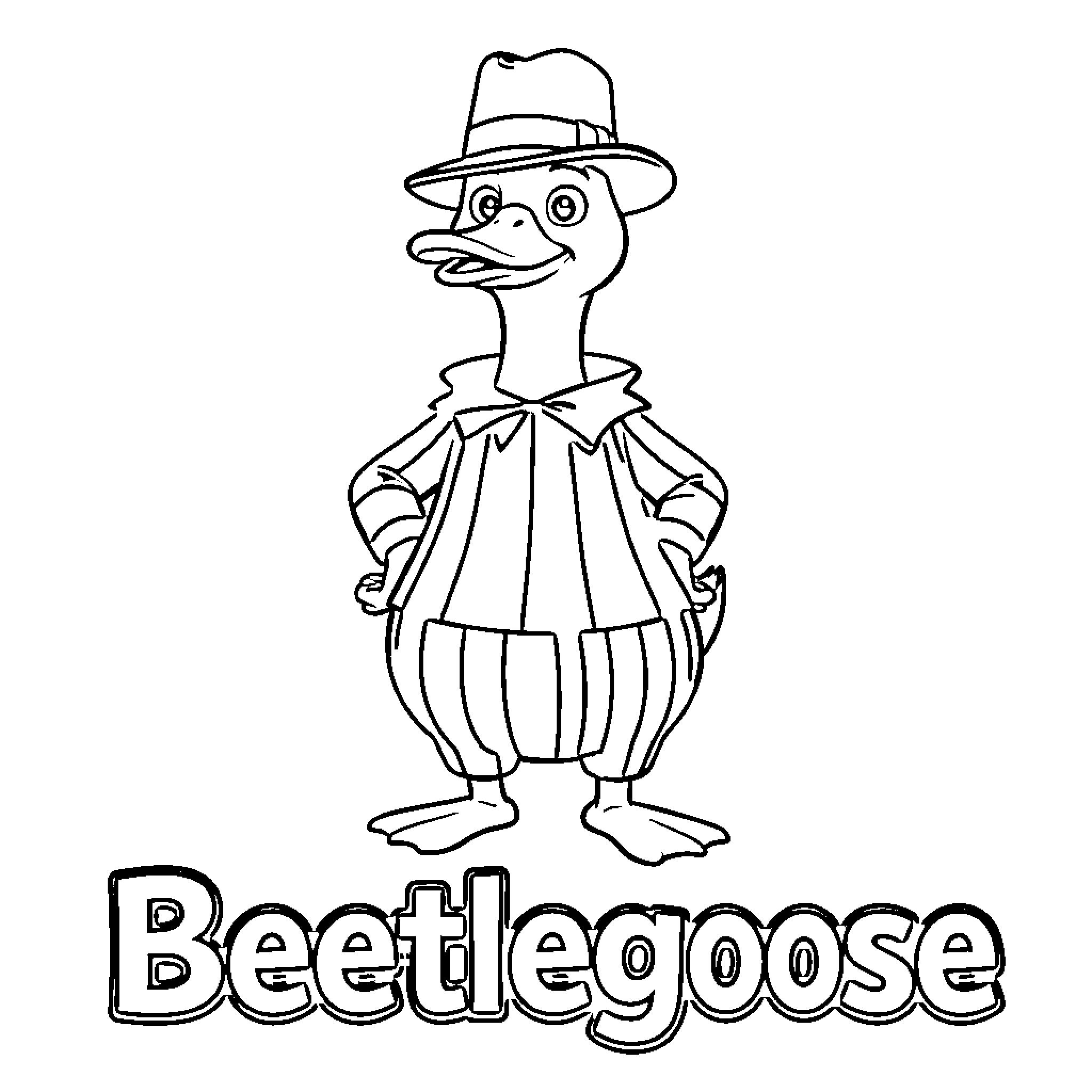Goose dressed in fancy attire and hat Coloring Page (free black-and-white line drawing printable PDF for all, from beginners to advanced learners, including children, teens, adults, and seniors)