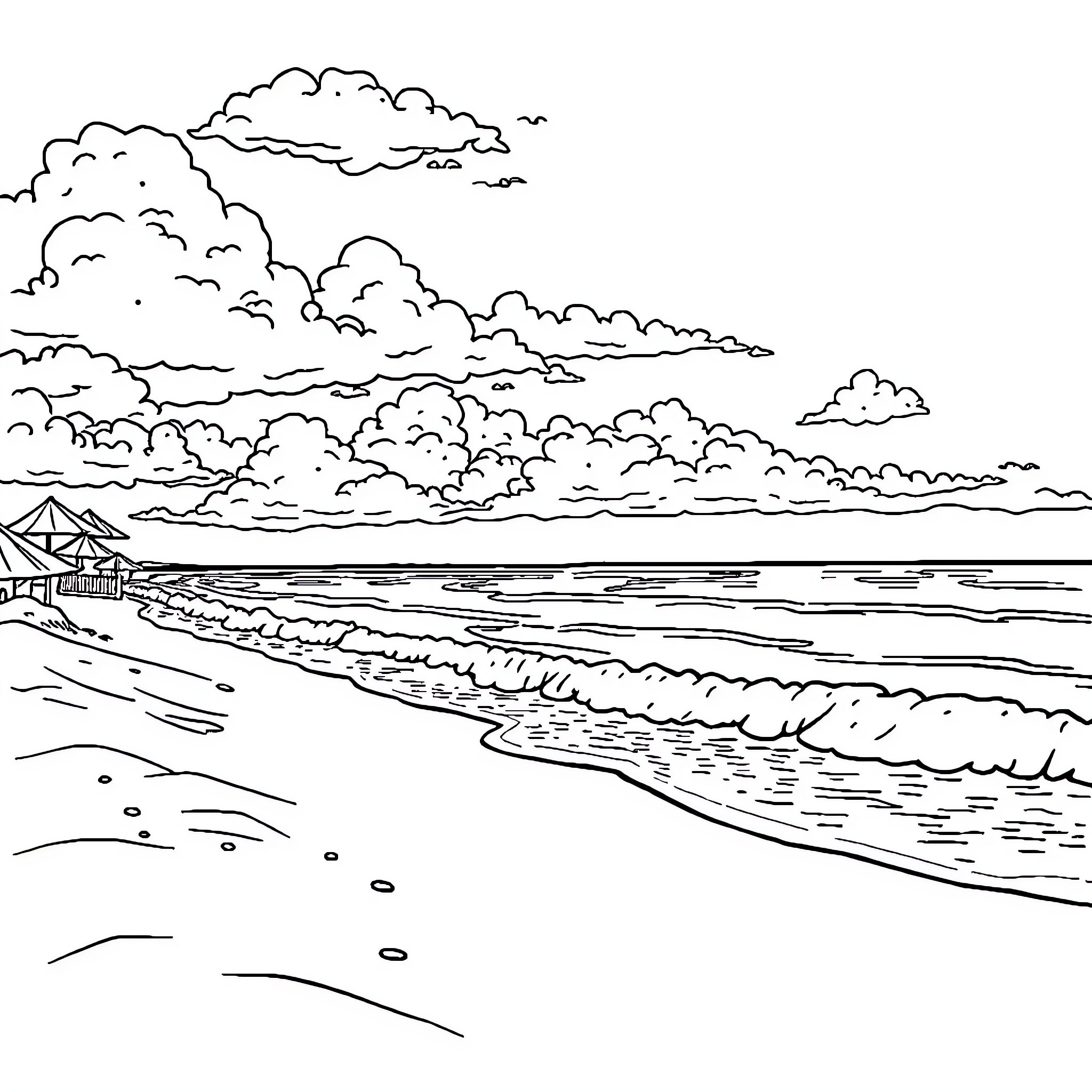 Beach scene with cloudy sky and ocean waves Coloring Page (free black-and-white line drawing printable PDF for all, from beginners to advanced learners, including children, teens, adults, and seniors)