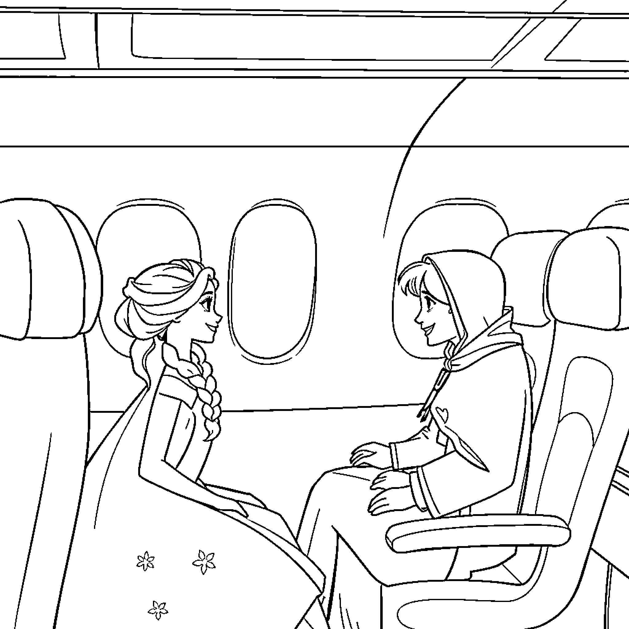 Frozen passengers aboard the aircraft Coloring Page (free black-and-white line drawing printable PDF for all, from beginners to advanced learners, including children, teens, adults, and seniors)