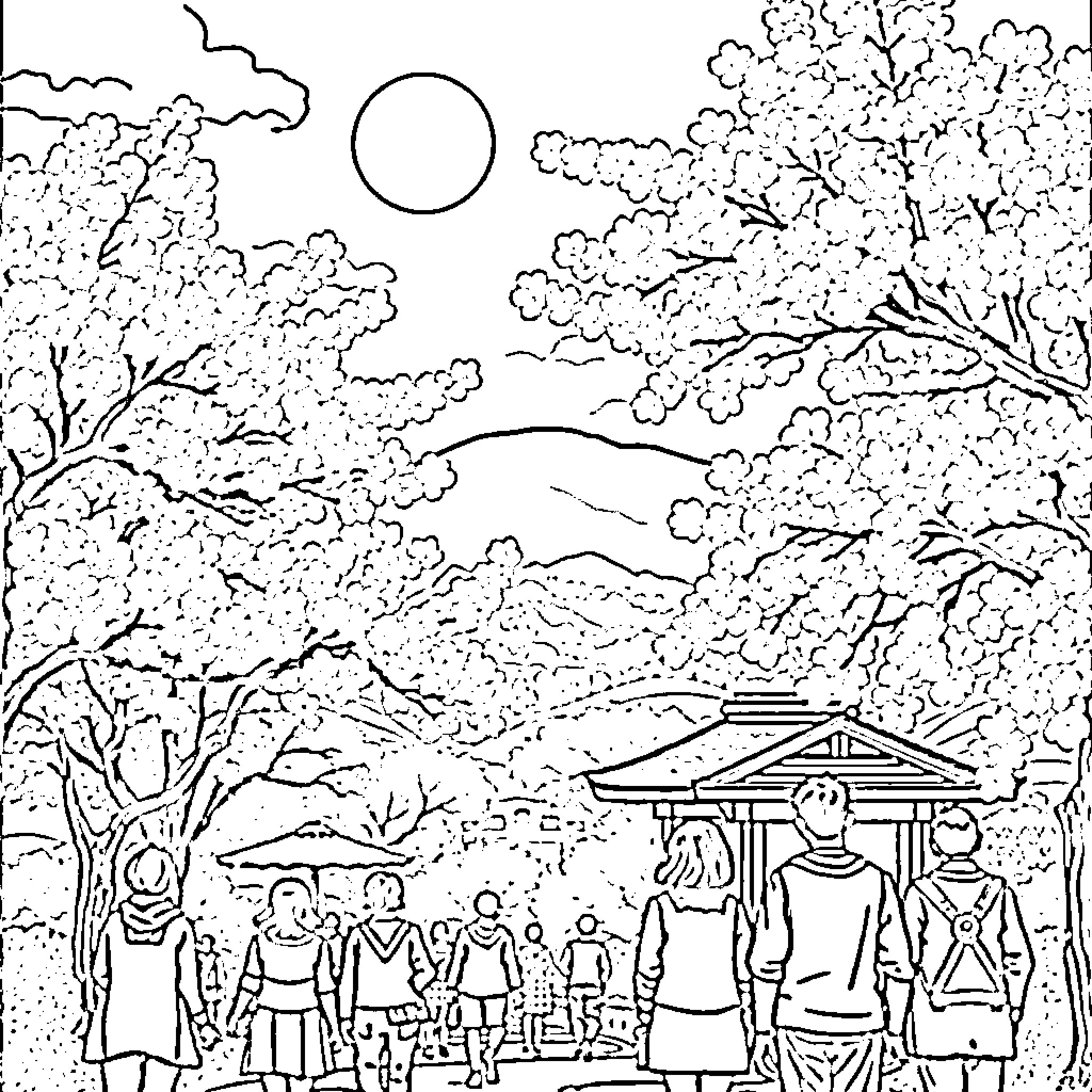Cherry Blossom Festival with Crowd Enjoying Outdoor Scenery Coloring Page (free black-and-white line drawing printable PDF for all, from beginners to advanced learners, including children, teens, adults, and seniors)