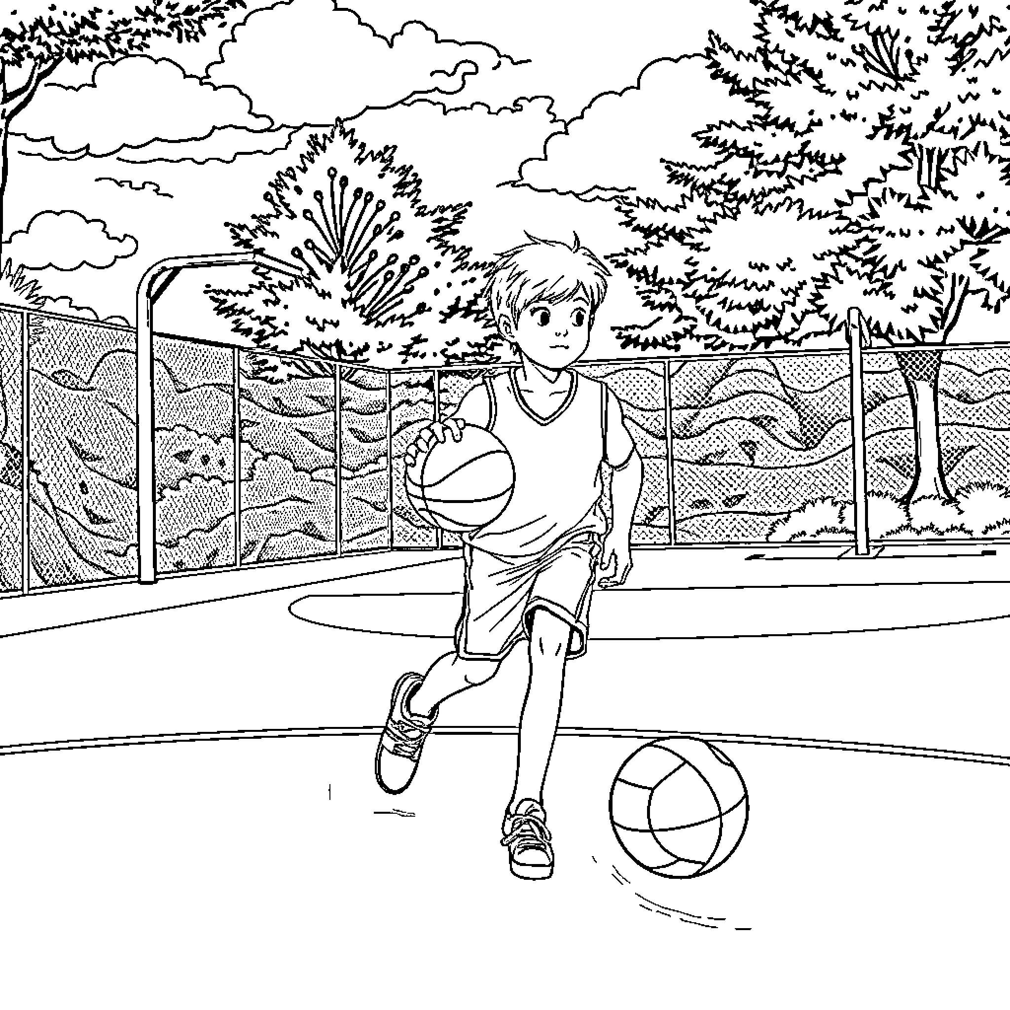 Boy playing with ball in the park Coloring Page (free black-and-white line drawing printable PDF for all, from beginners to advanced learners, including children, teens, adults, and seniors)