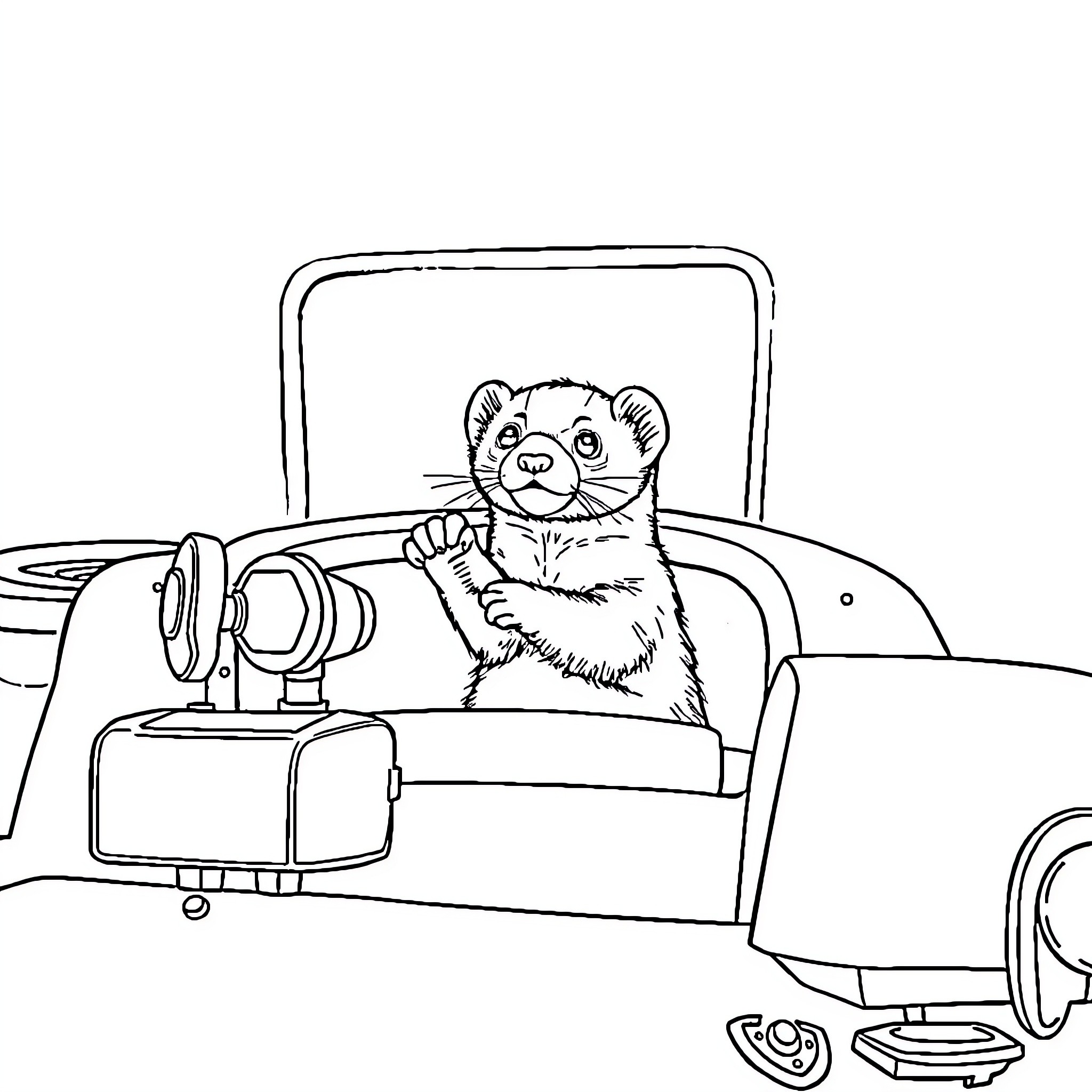 Ferret driving an antique car Coloring Page (free black-and-white line drawing printable PDF for all, from beginners to advanced learners, including children, teens, adults, and seniors)