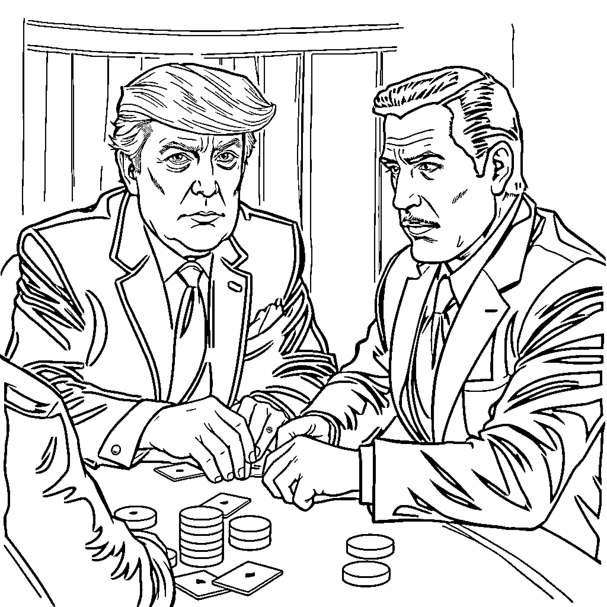 Donald Trump Meeting with Advisor at Formal Gathering Coloring Page (free black-and-white line drawing printable PDF for all, from beginners to advanced learners, including children, teens, adults, and seniors)