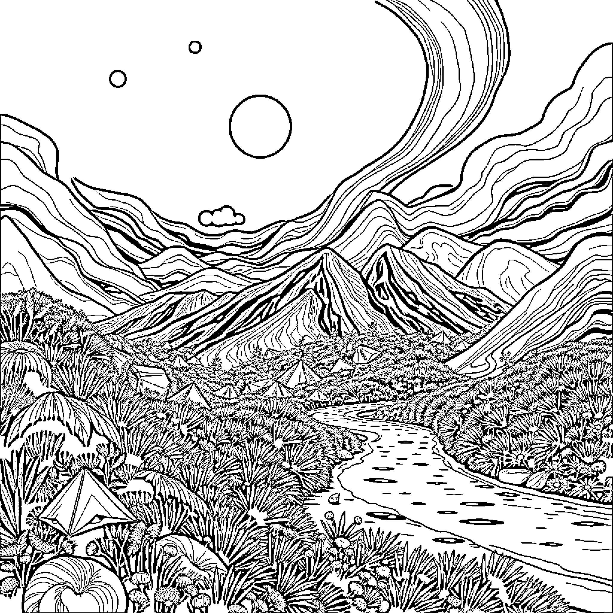 Dollhouse Scene of Serene Mountain Landscape Coloring Page (free black-and-white line drawing printable PDF for all, from beginners to advanced learners, including children, teens, adults, and seniors)