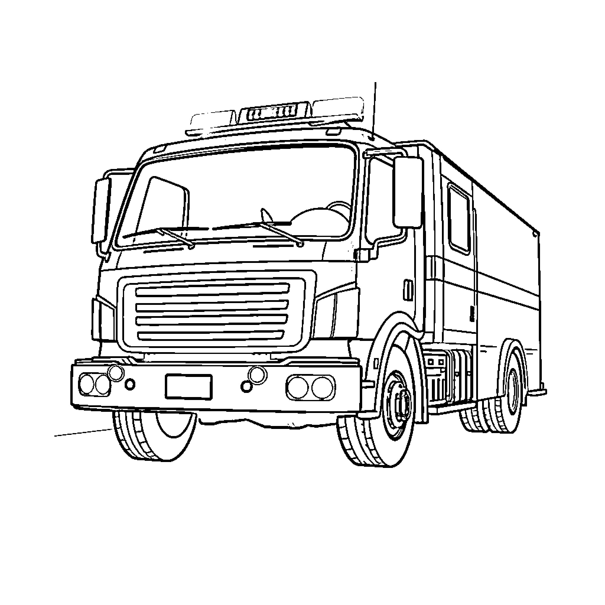 Fire Truck with Emergency Equipment Coloring Page (free black-and-white line drawing printable PDF for all, from beginners to advanced learners, including children, teens, adults, and seniors)