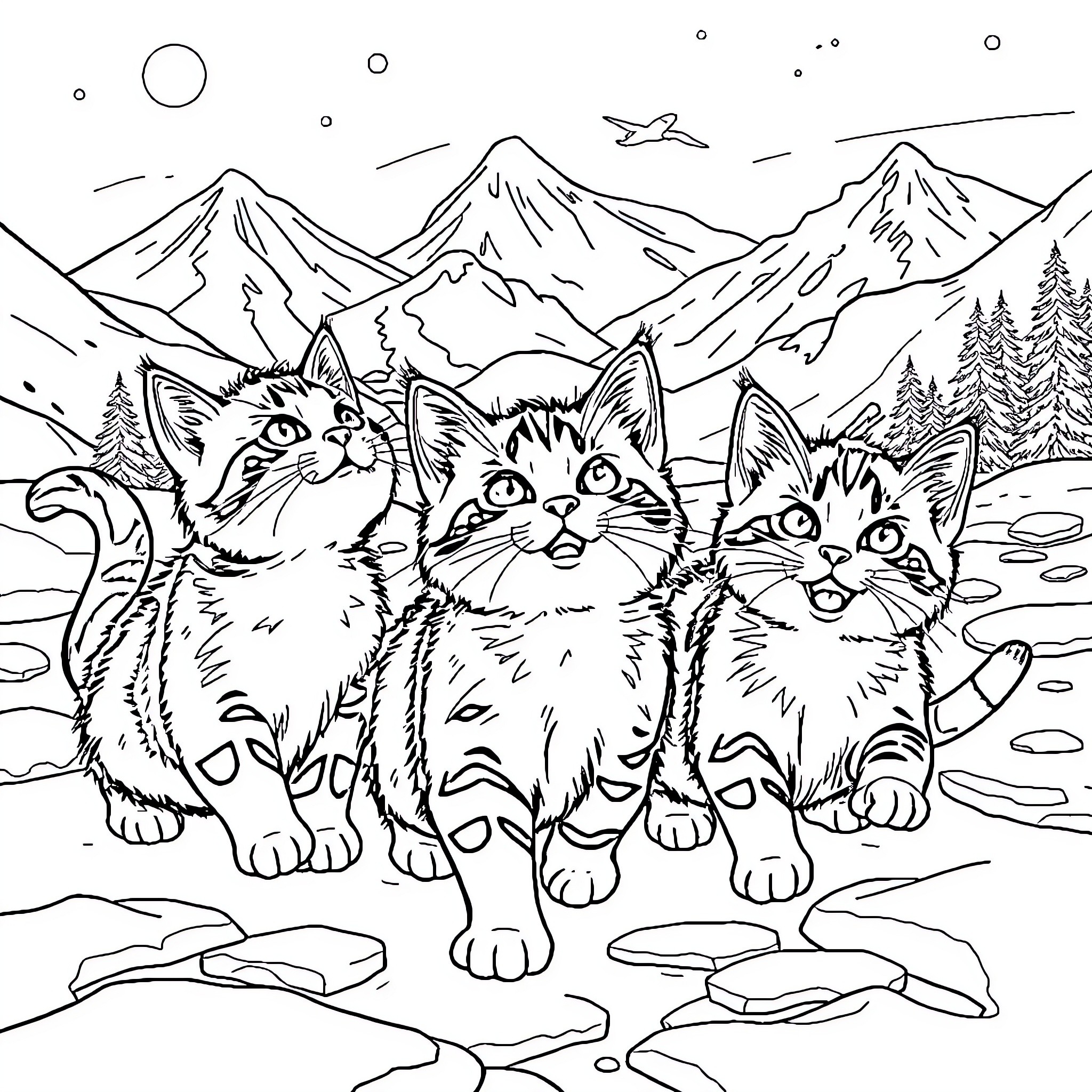 Cat Kittens Exploring Snowy Landscape Coloring Page (free black-and-white line drawing printable PDF for all, from beginners to advanced learners, including children, teens, adults, and seniors)
