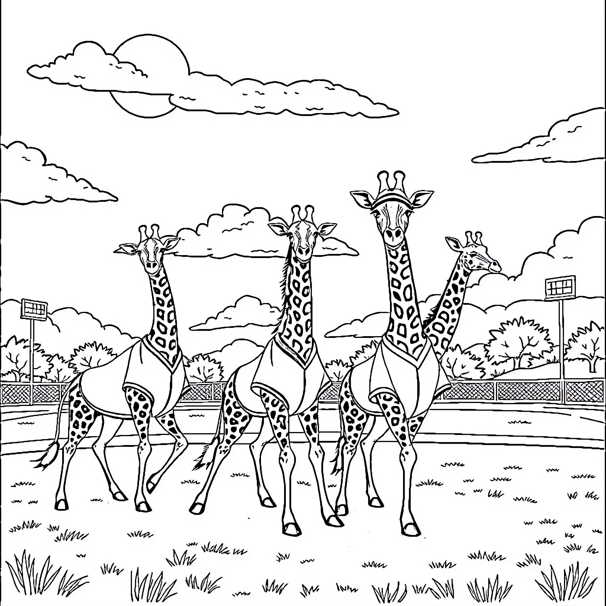 Giraffe family strolling through a scenic park Coloring Page (free black-and-white line drawing printable PDF for all, from beginners to advanced learners, including children, teens, adults, and seniors)