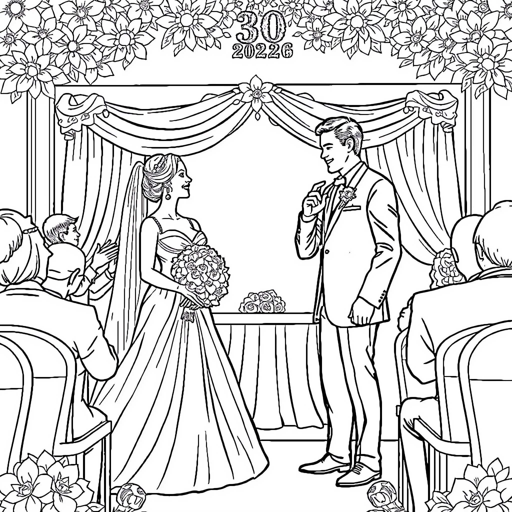 Wedding ceremony with bride and groom in formal attire Coloring Page (free black-and-white line drawing printable PDF for all, from beginners to advanced learners, including children, teens, adults, and seniors)