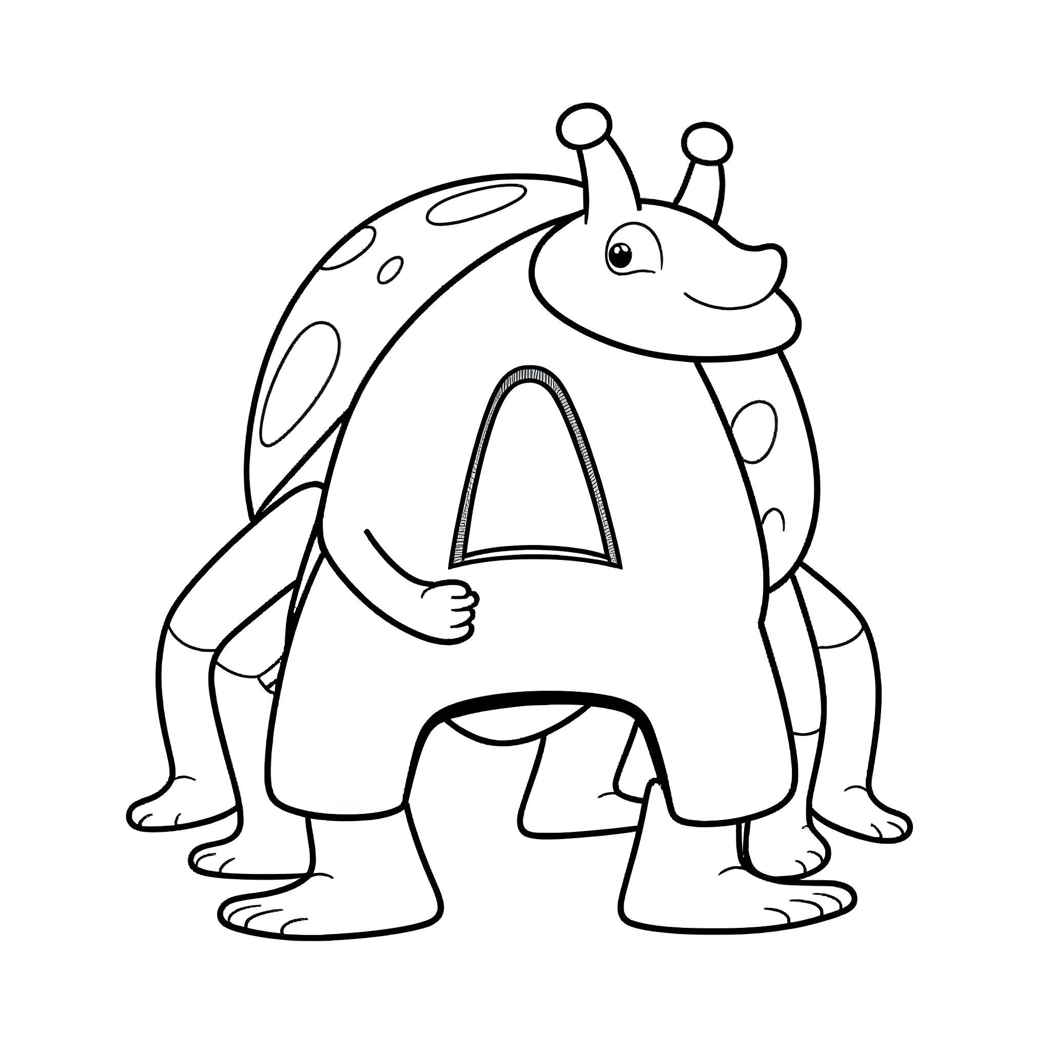 Ladybug-shaped monster with big eyes and open mouth Coloring Page (free black-and-white line drawing printable PDF for all, from beginners to advanced learners, including children, teens, adults, and seniors)