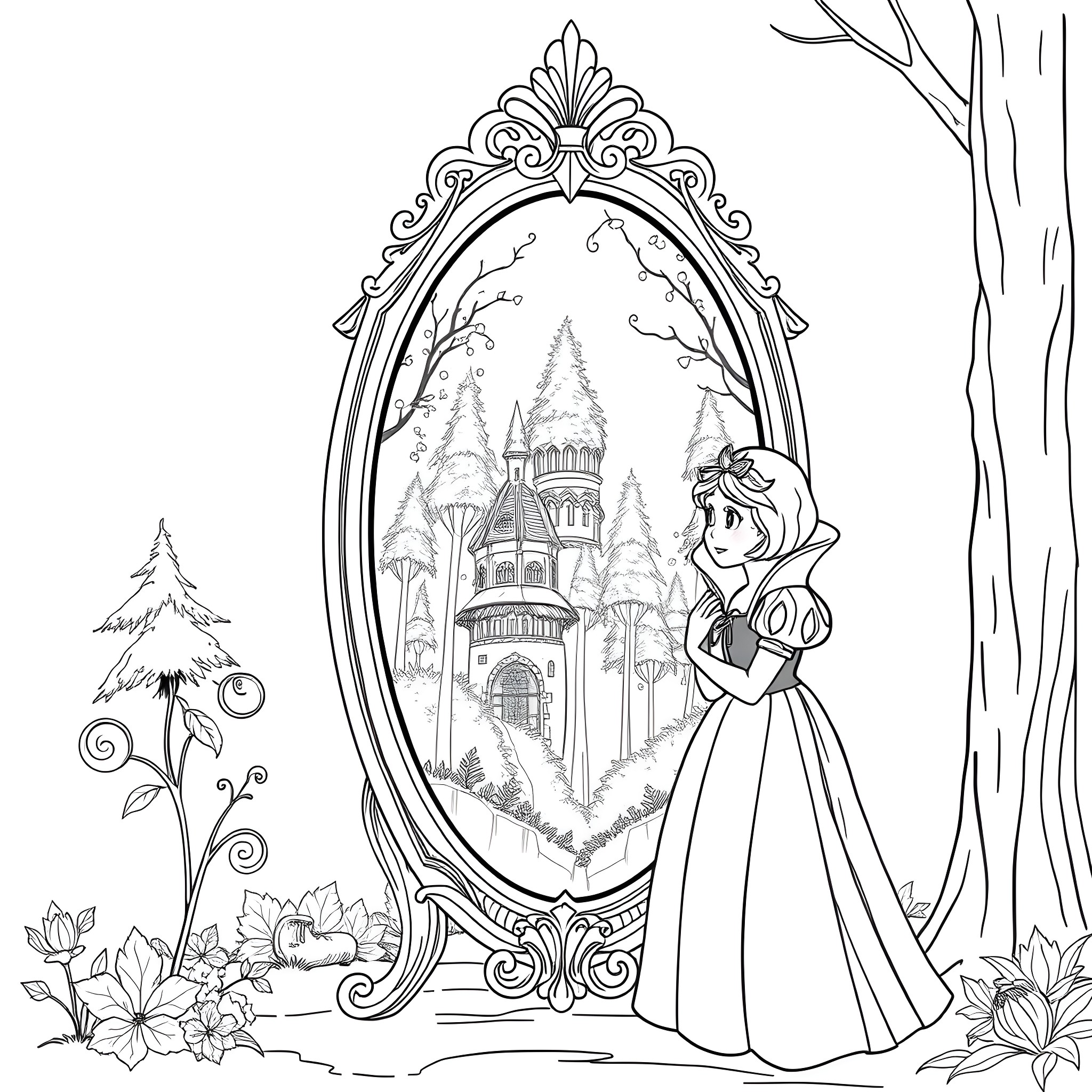 Mirror of a Fairytale Castle and Princess Coloring Page (free black-and-white line drawing printable PDF for all, from beginners to advanced learners, including children, teens, adults, and seniors)