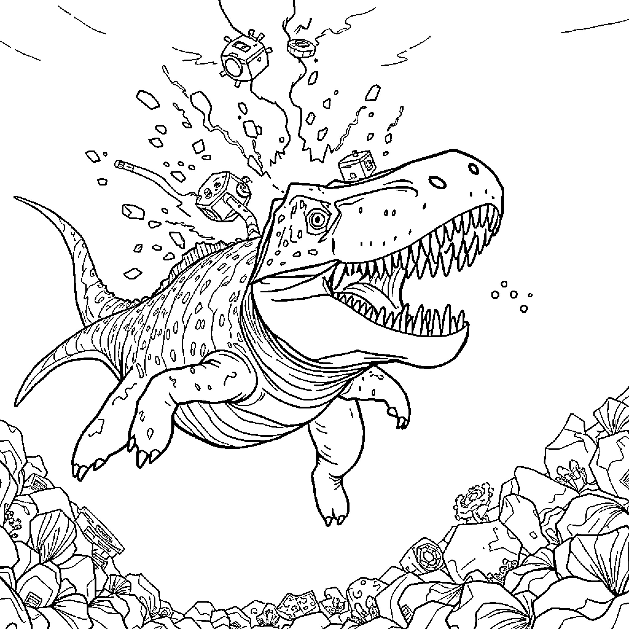 Mosasaurus emerging from underwater with ferocious jaws Coloring Page (free black-and-white line drawing printable PDF for all, from beginners to advanced learners, including children, teens, adults, and seniors)