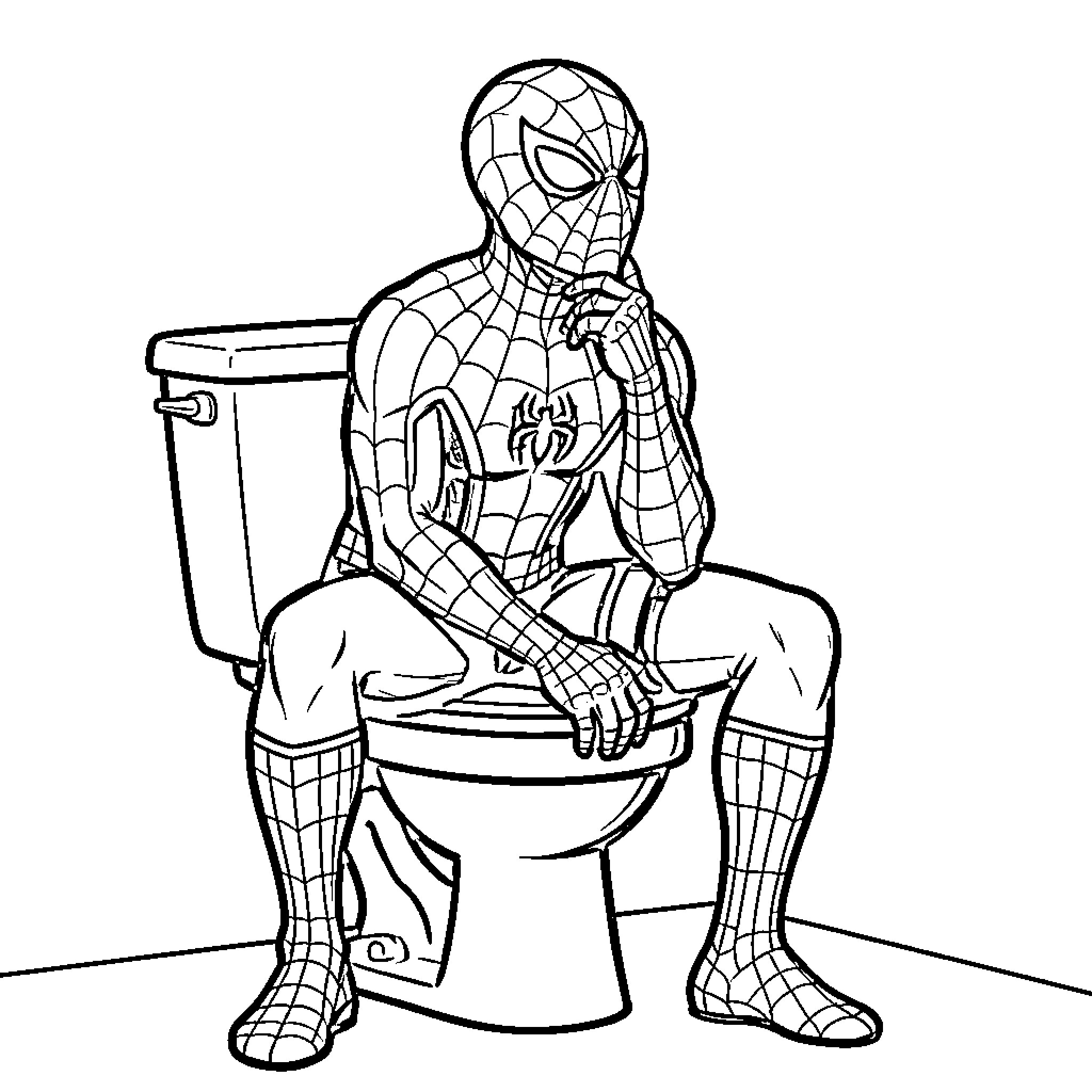 Spiderman sitting thoughtfully on a toilet Coloring Page (free black-and-white line drawing printable PDF for all, from beginners to advanced learners, including children, teens, adults, and seniors)