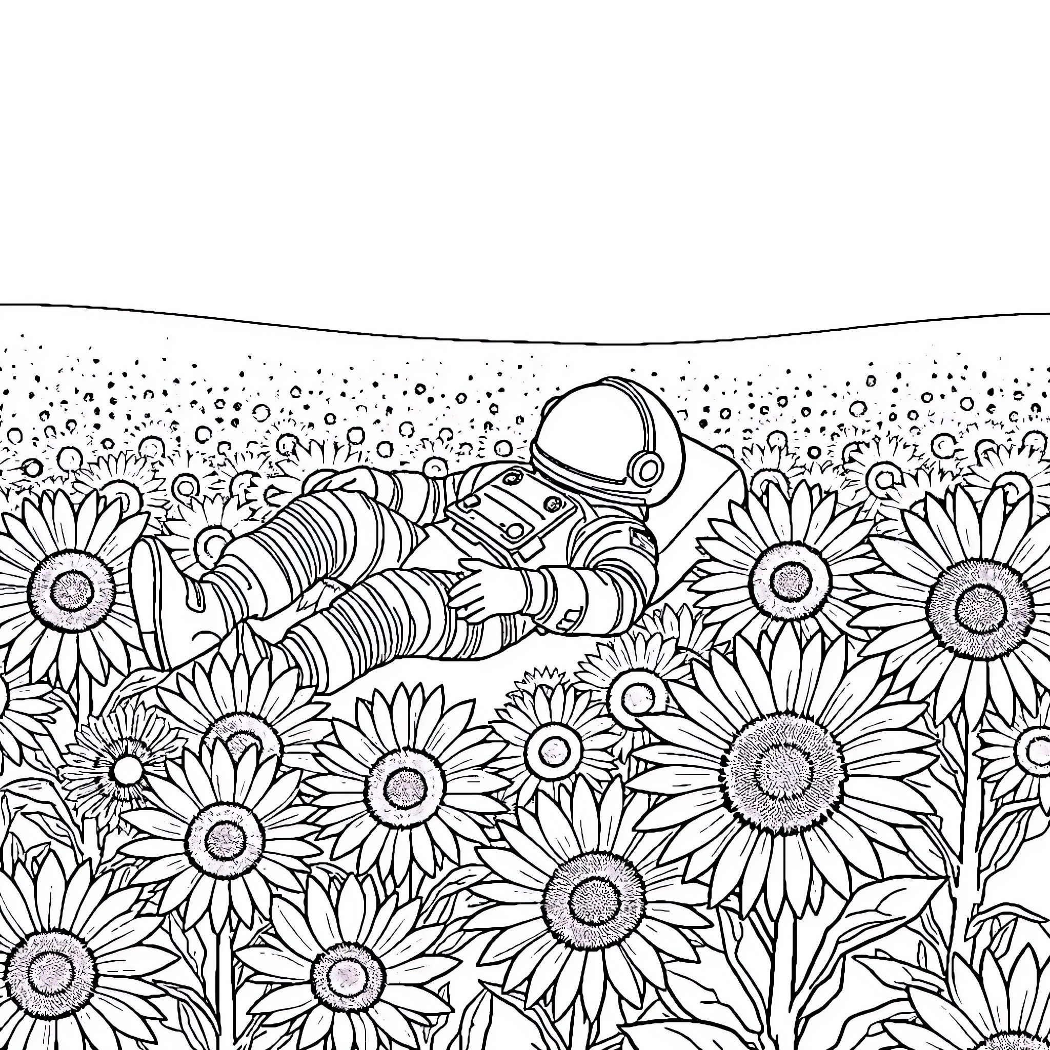 Astronaut exploring a field of sunflowers Coloring Page (free black-and-white line drawing printable PDF for all, from beginners to advanced learners, including children, teens, adults, and seniors)