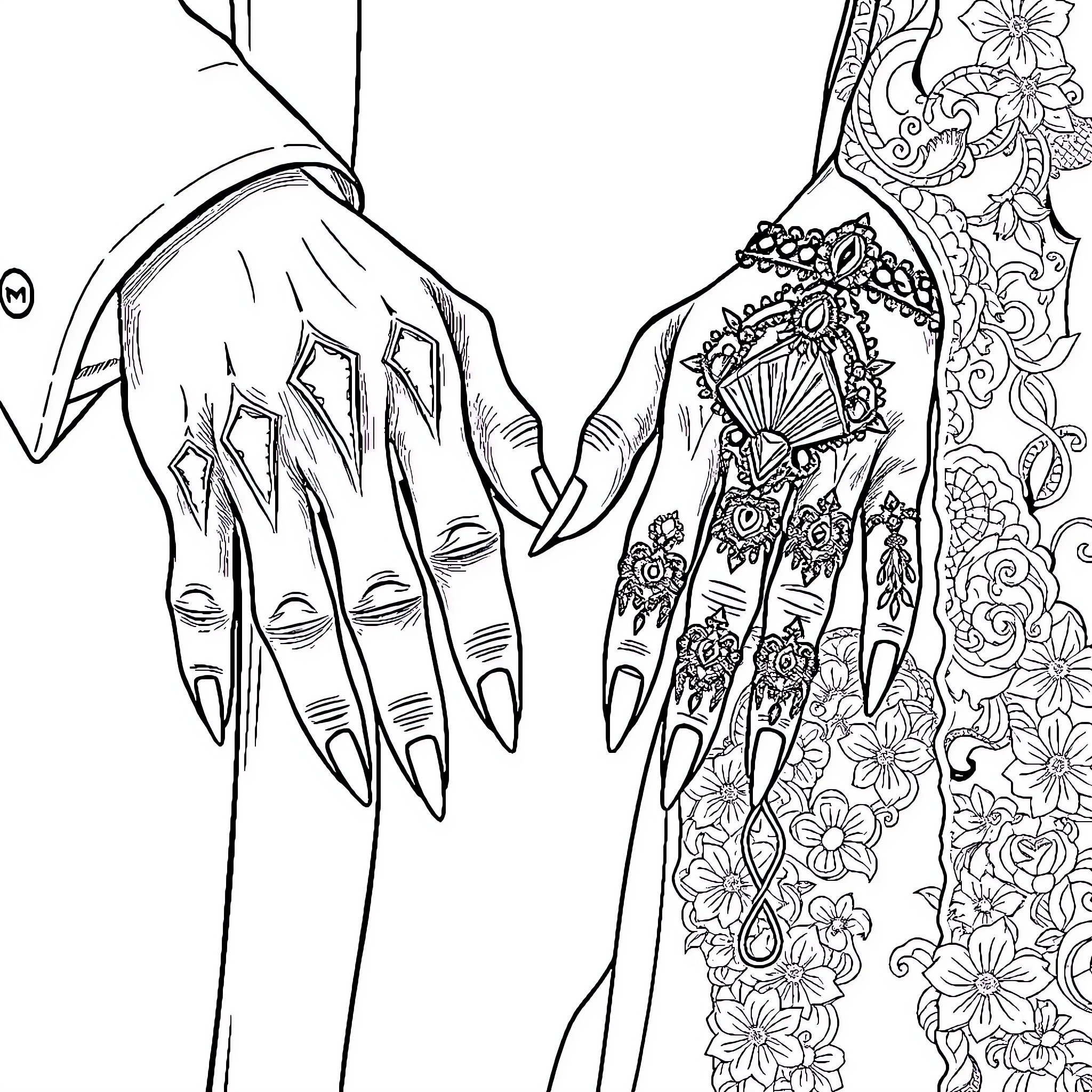 Vampire's Ornate Hands and Sleeve Coloring Page (free black-and-white line drawing printable PDF for all, from beginners to advanced learners, including children, teens, adults, and seniors)