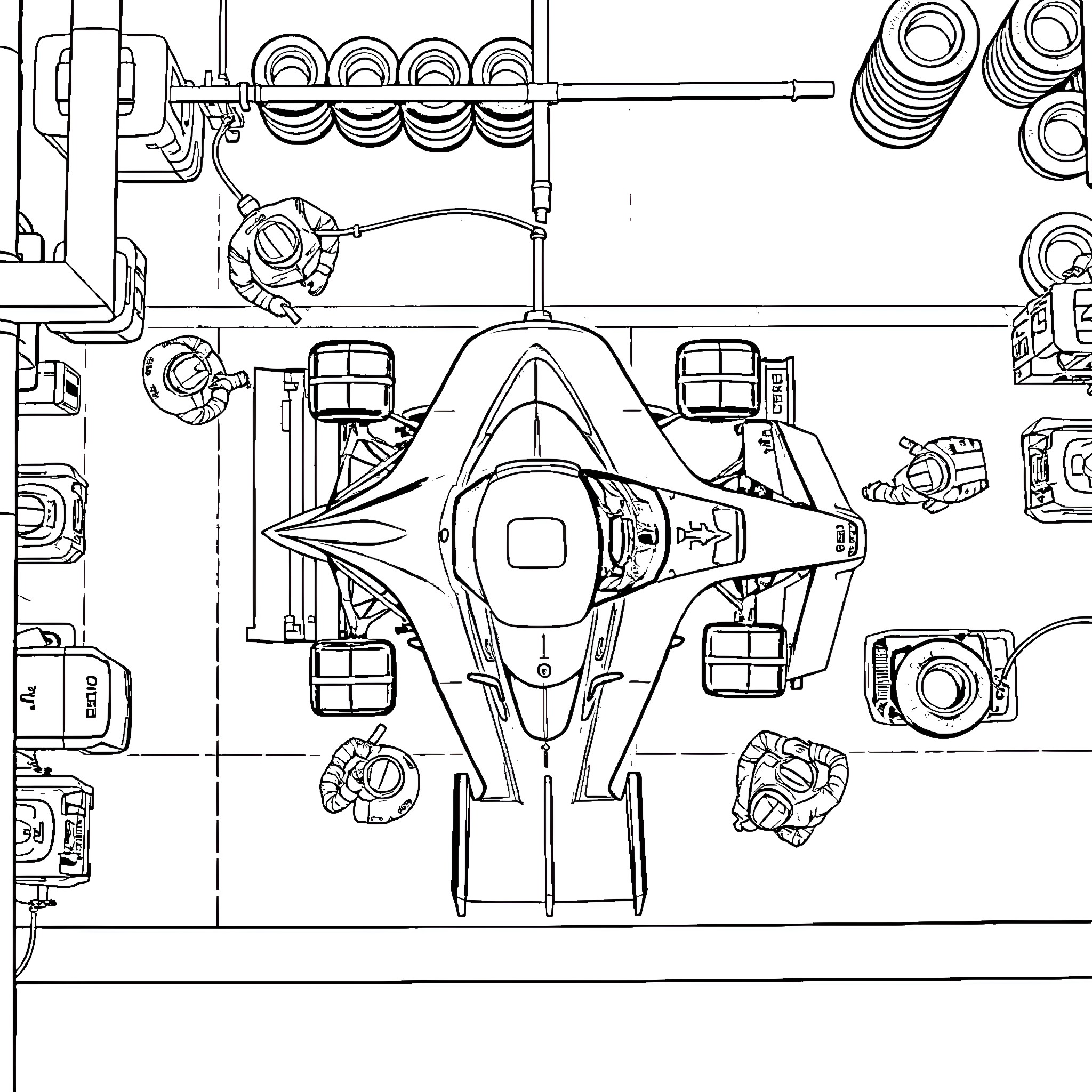 Formula 1 Car Engineering Diagram Coloring Page (free black-and-white line drawing printable PDF for all, from beginners to advanced learners, including children, teens, adults, and seniors)