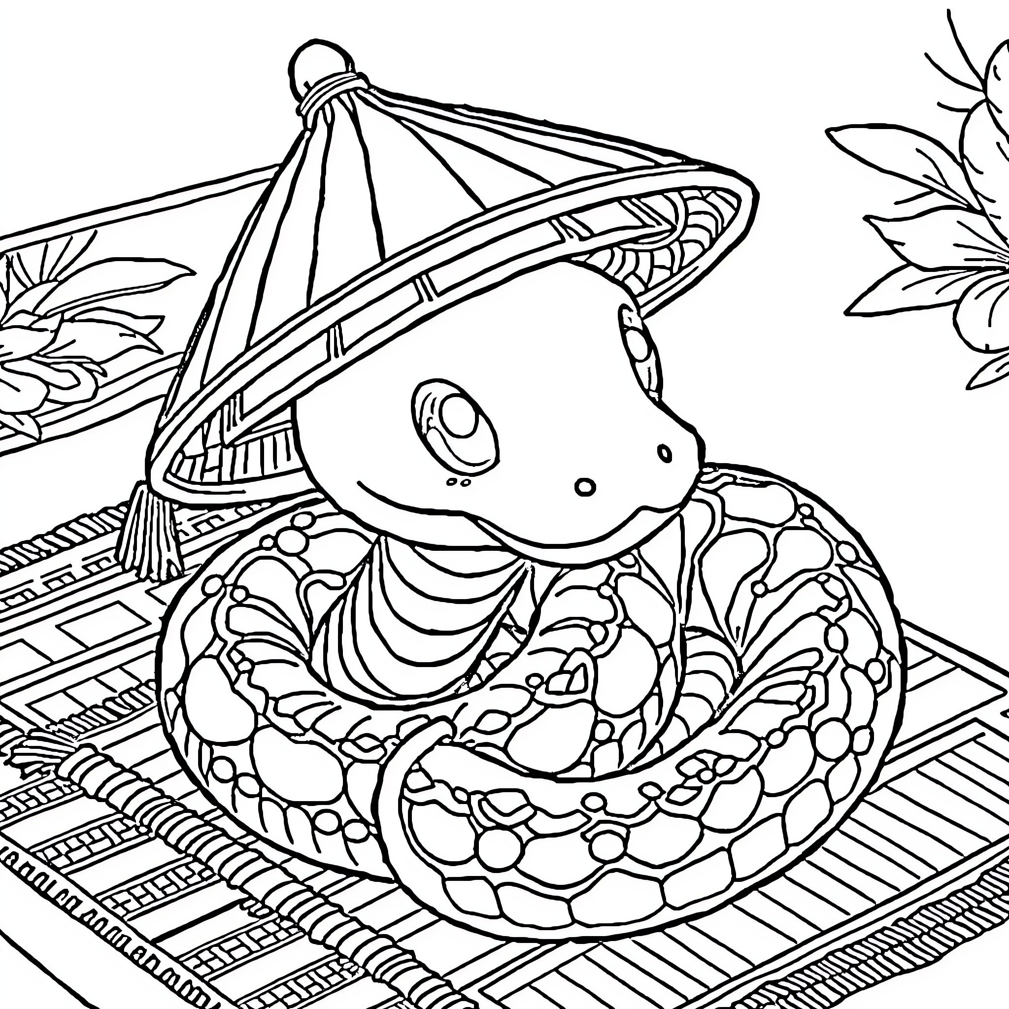 Snake relaxing under decorative umbrella amidst floral patterns Coloring Page (free black-and-white line drawing printable PDF for all, from beginners to advanced learners, including children, teens, adults, and seniors)