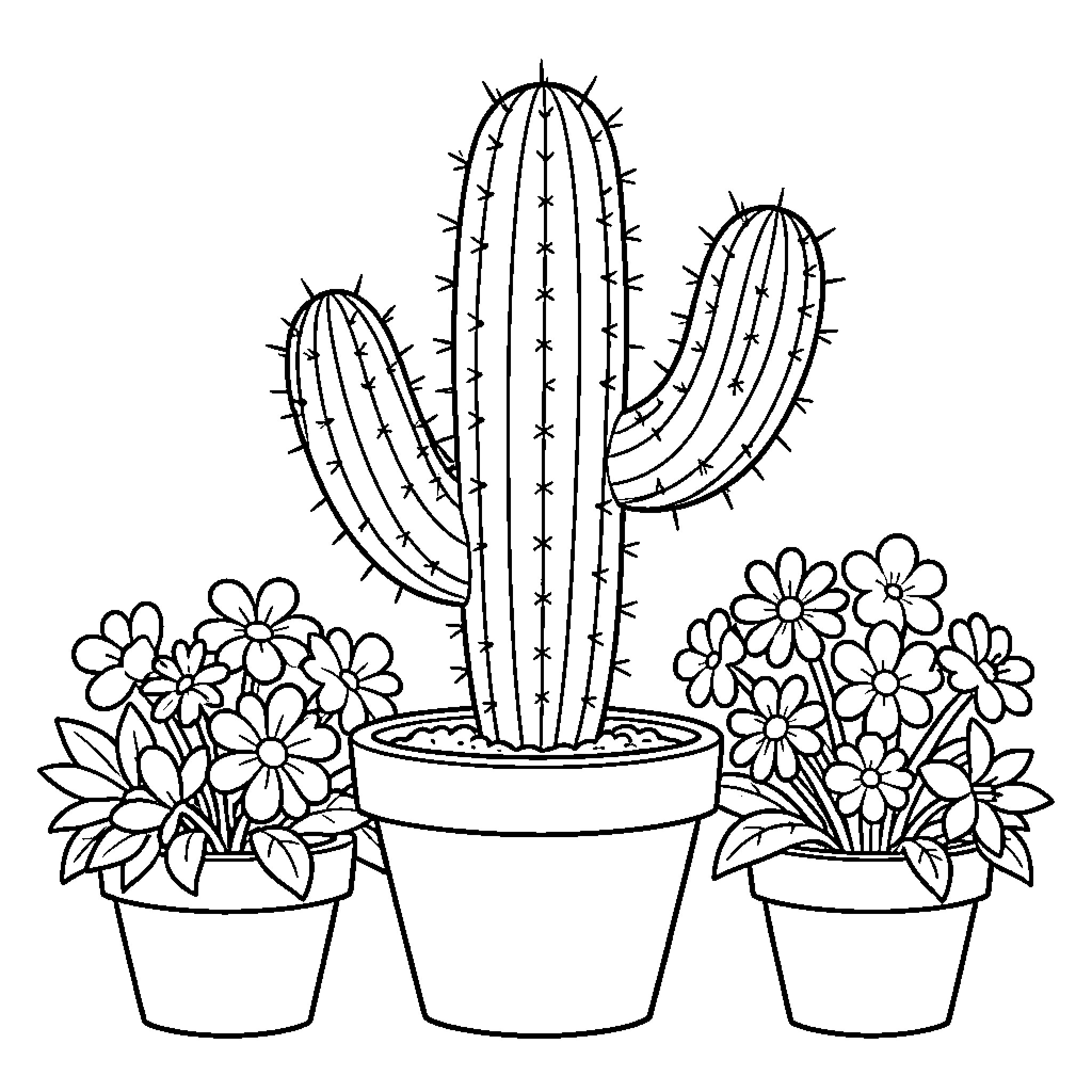 Cactus and colorful flowers in pots Coloring Page (free black-and-white line drawing printable PDF for all, from beginners to advanced learners, including children, teens, adults, and seniors)