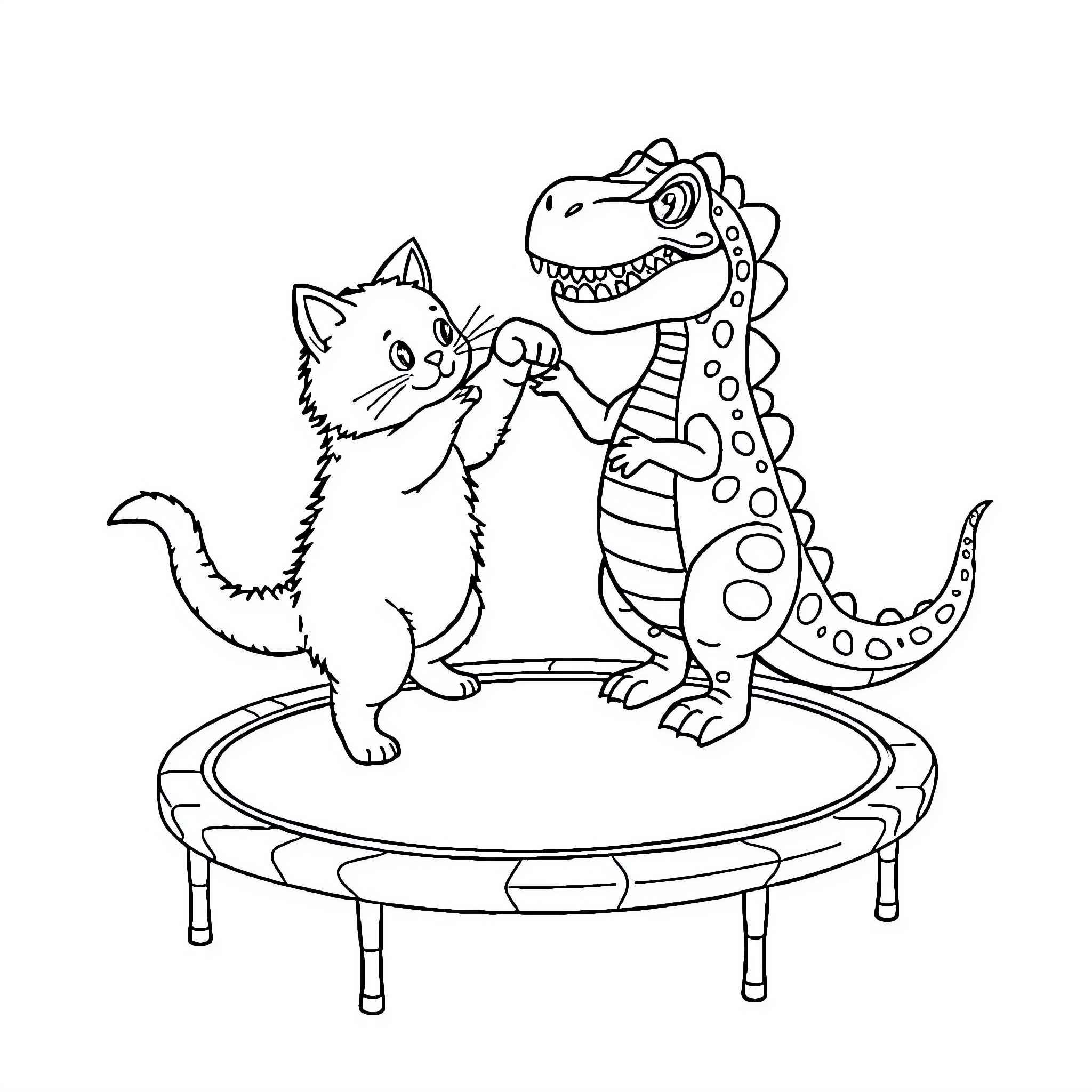 Cat and Dinosaur Playing on Trampoline Coloring Page (free black-and-white line drawing printable PDF for all, from beginners to advanced learners, including children, teens, adults, and seniors)
