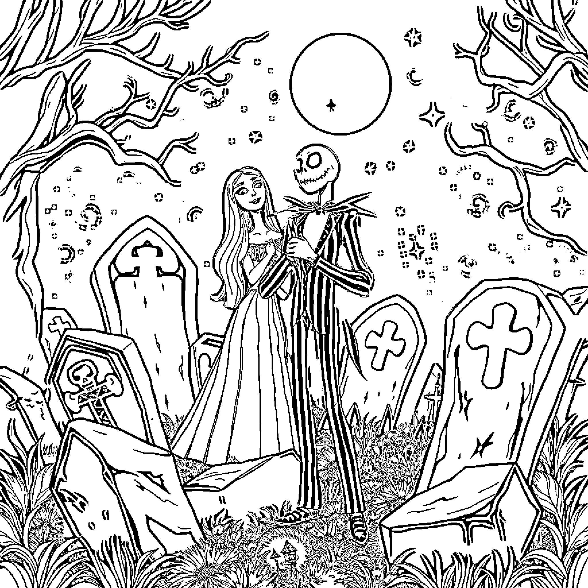 Beetlejuice's Haunting Graveyard Adventure Coloring Page (free black-and-white line drawing printable PDF for all, from beginners to advanced learners, including children, teens, adults, and seniors)