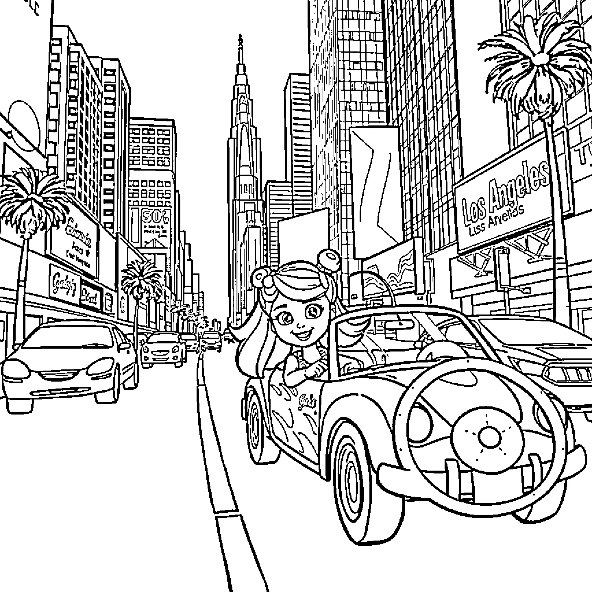 Gaby's Exciting Car Adventure in the City Coloring Page (free black-and-white line drawing printable PDF for all, from beginners to advanced learners, including children, teens, adults, and seniors)