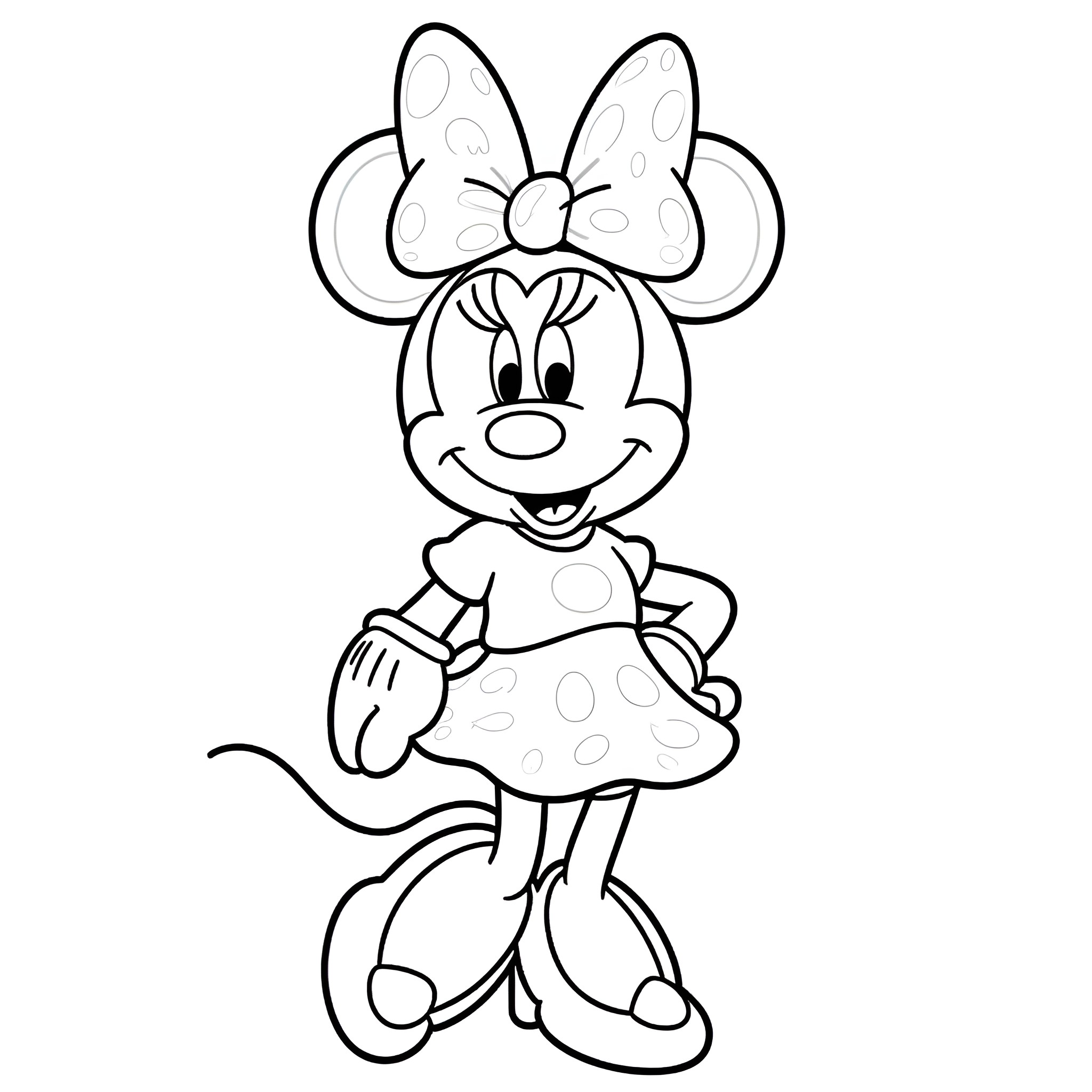 Minnie Mouse in a Happy Pose Coloring Page (free black-and-white line drawing printable PDF for all, from beginners to advanced learners, including children, teens, adults, and seniors)