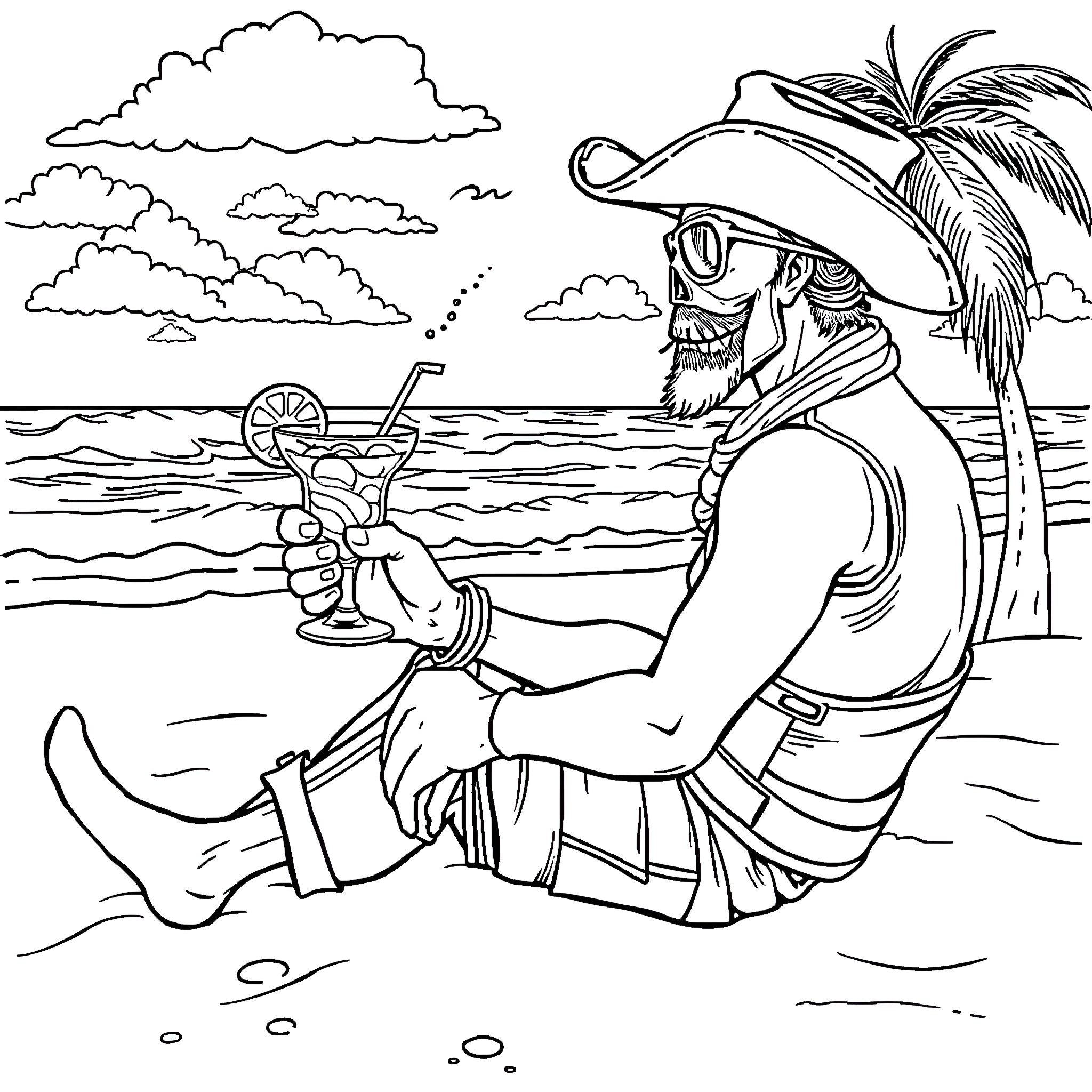Bandit relaxing on the beach with a refreshing drink Coloring Page (free black-and-white line drawing printable PDF for all, from beginners to advanced learners, including children, teens, adults, and seniors)