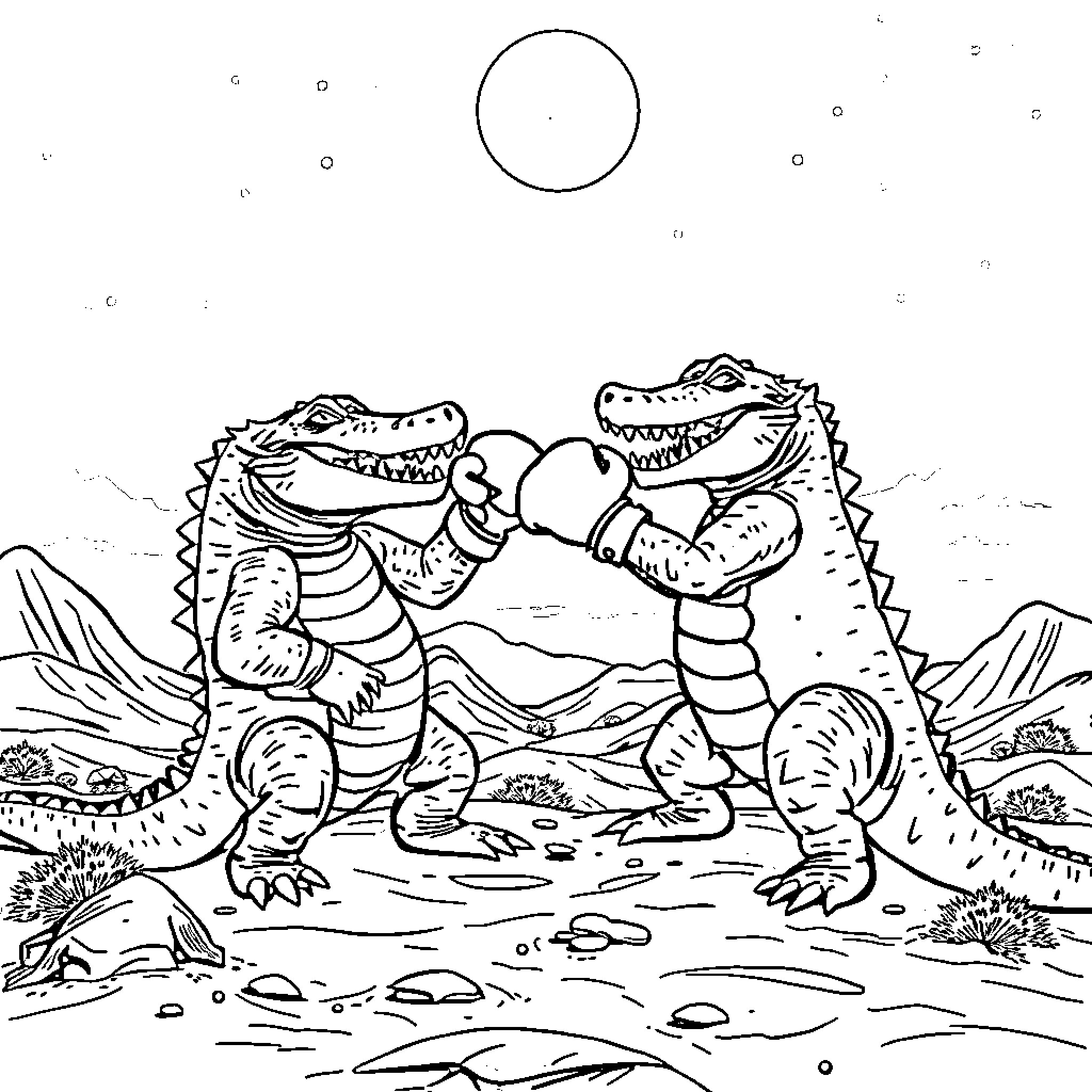 Crocodiles wrestling in the wild Coloring Page (free black-and-white line drawing printable PDF for all, from beginners to advanced learners, including children, teens, adults, and seniors)