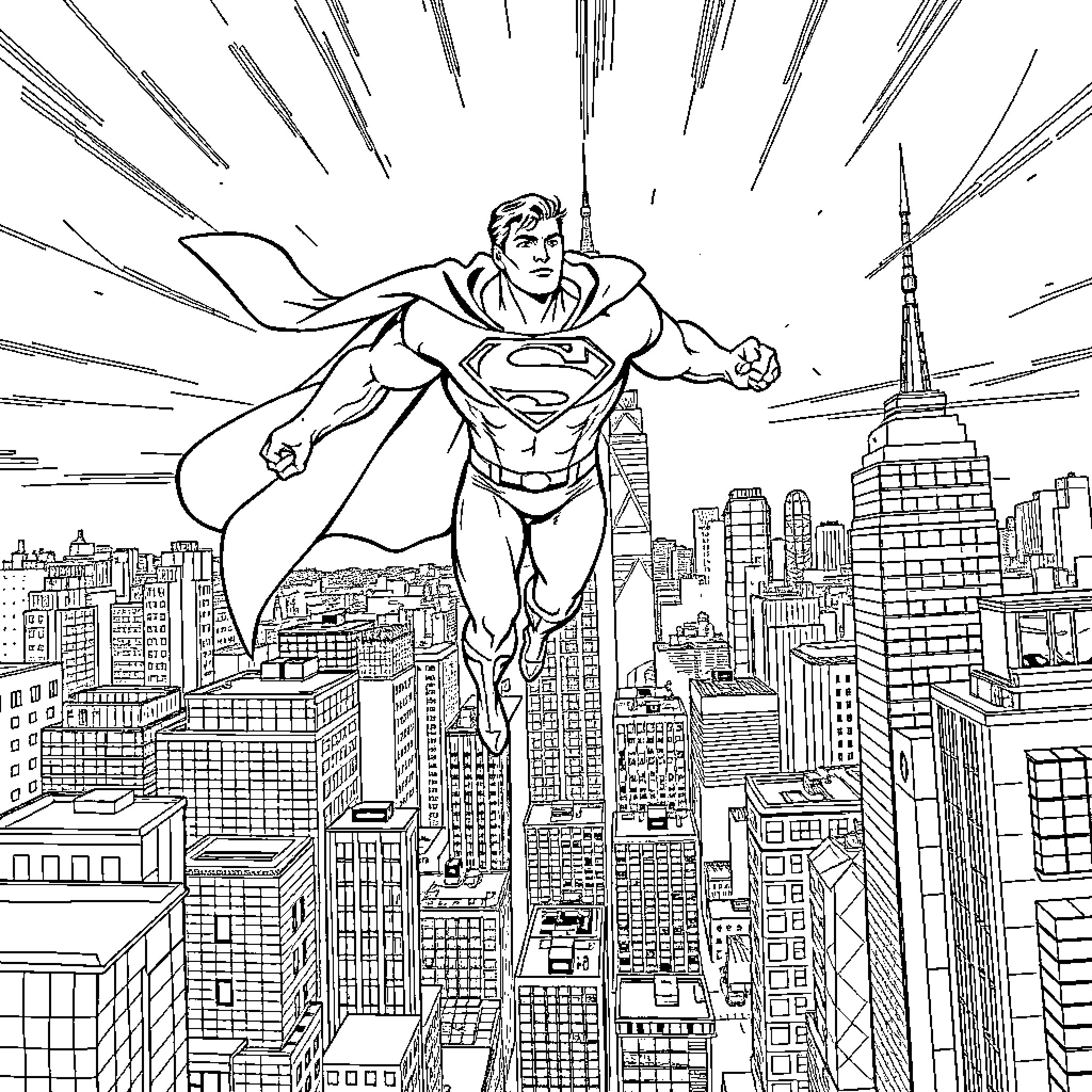 Superman soaring over the city skyline Coloring Page (free black-and-white line drawing printable PDF for all, from beginners to advanced learners, including children, teens, adults, and seniors)