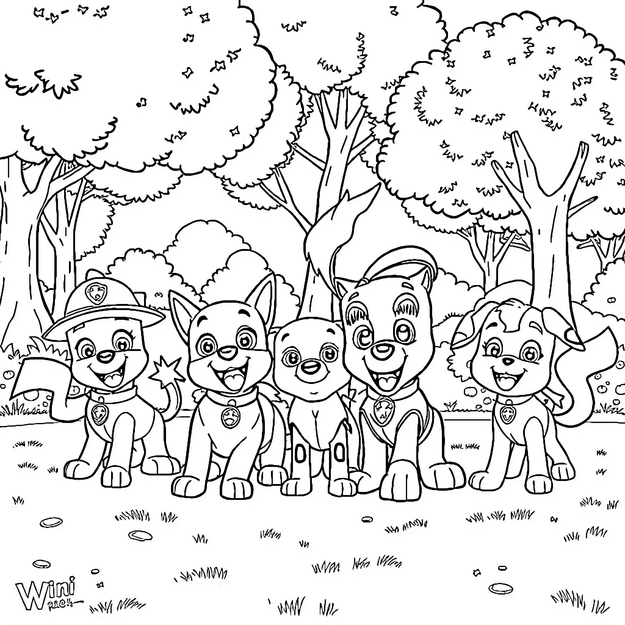 Ash Patrols with Canine Companions in the Woodland Coloring Page (free black-and-white line drawing printable PDF for all, from beginners to advanced learners, including children, teens, adults, and seniors)